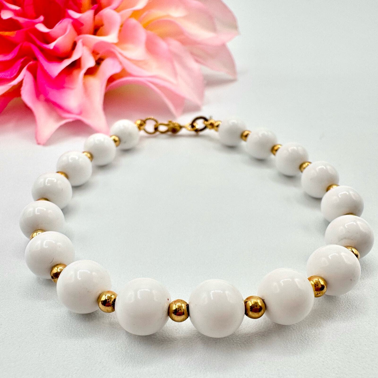 Vintage Monet White Beaded Signed Bracelet Gold Tone Chic Classic Sister Clasp