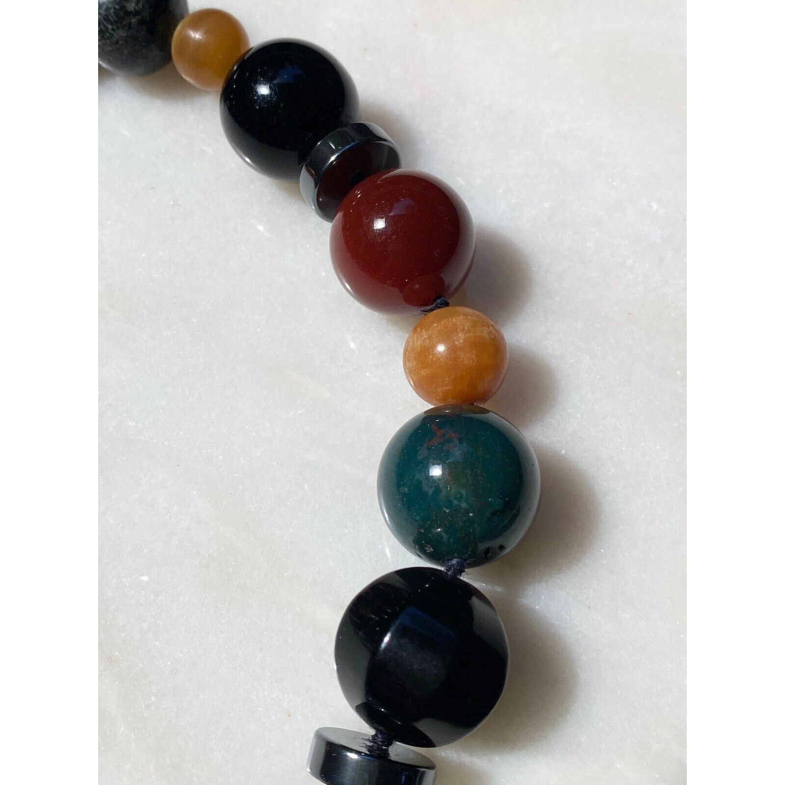 LARGE VINTAGE MIXED GEMSTONE MULTICOLOR BEAD ARTIST MADE NECKLACE HORN CLASP 19″
