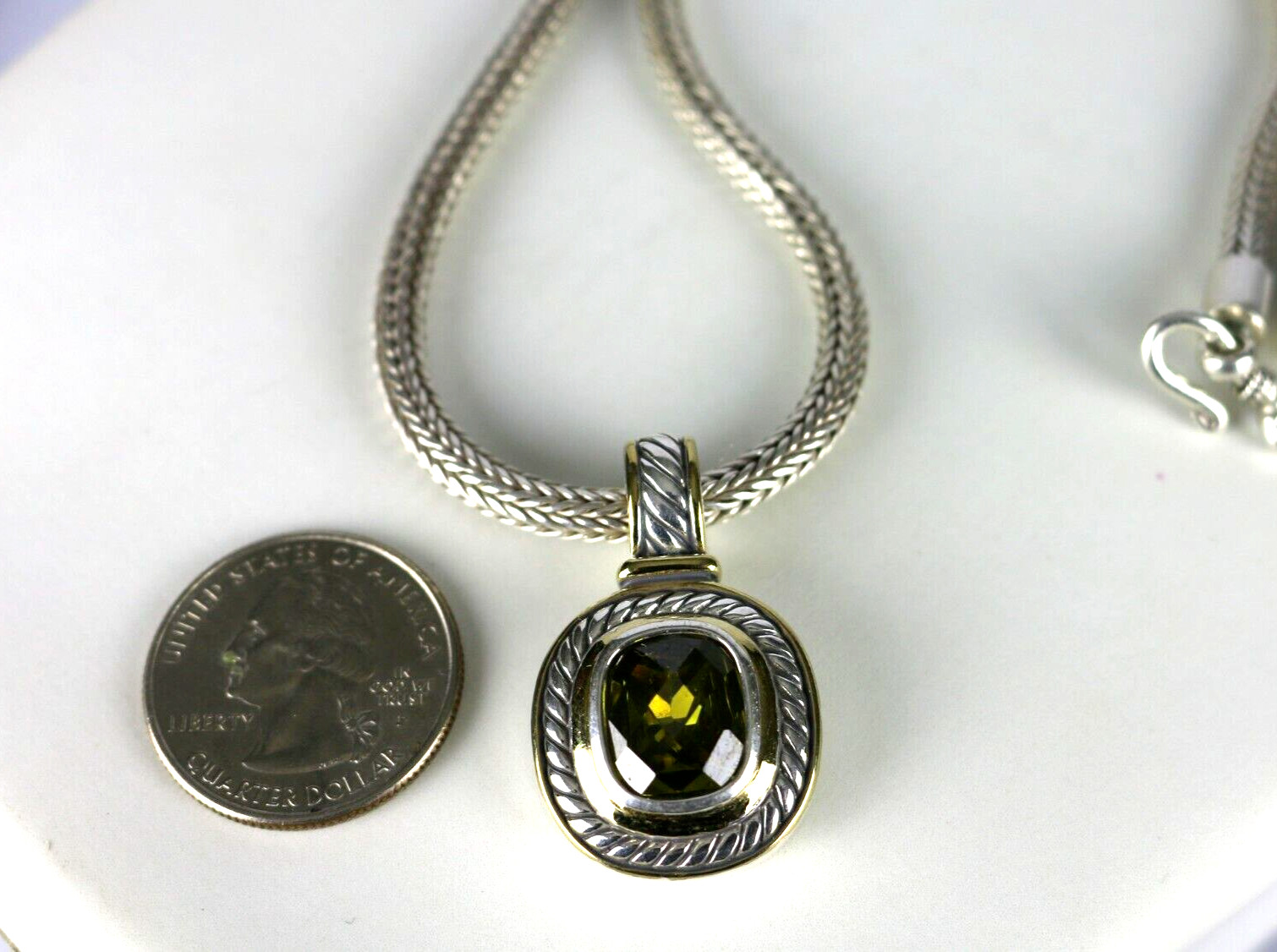 Vintage Sterling Silver 925 Spiga/ Wheat Chain w/ Green Peridot Pendant Necklace