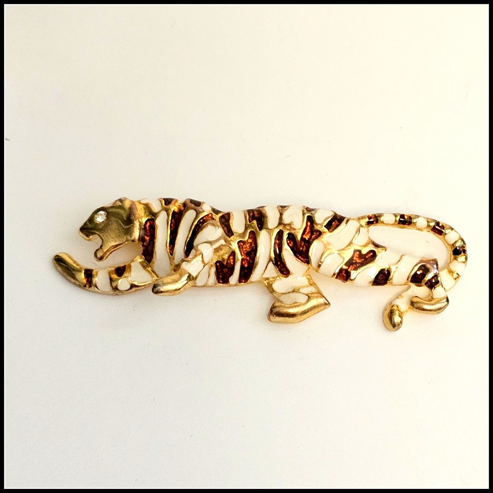 Vintage Gold Tone Enameled Panther White Brown Shimmer Brooch Pin