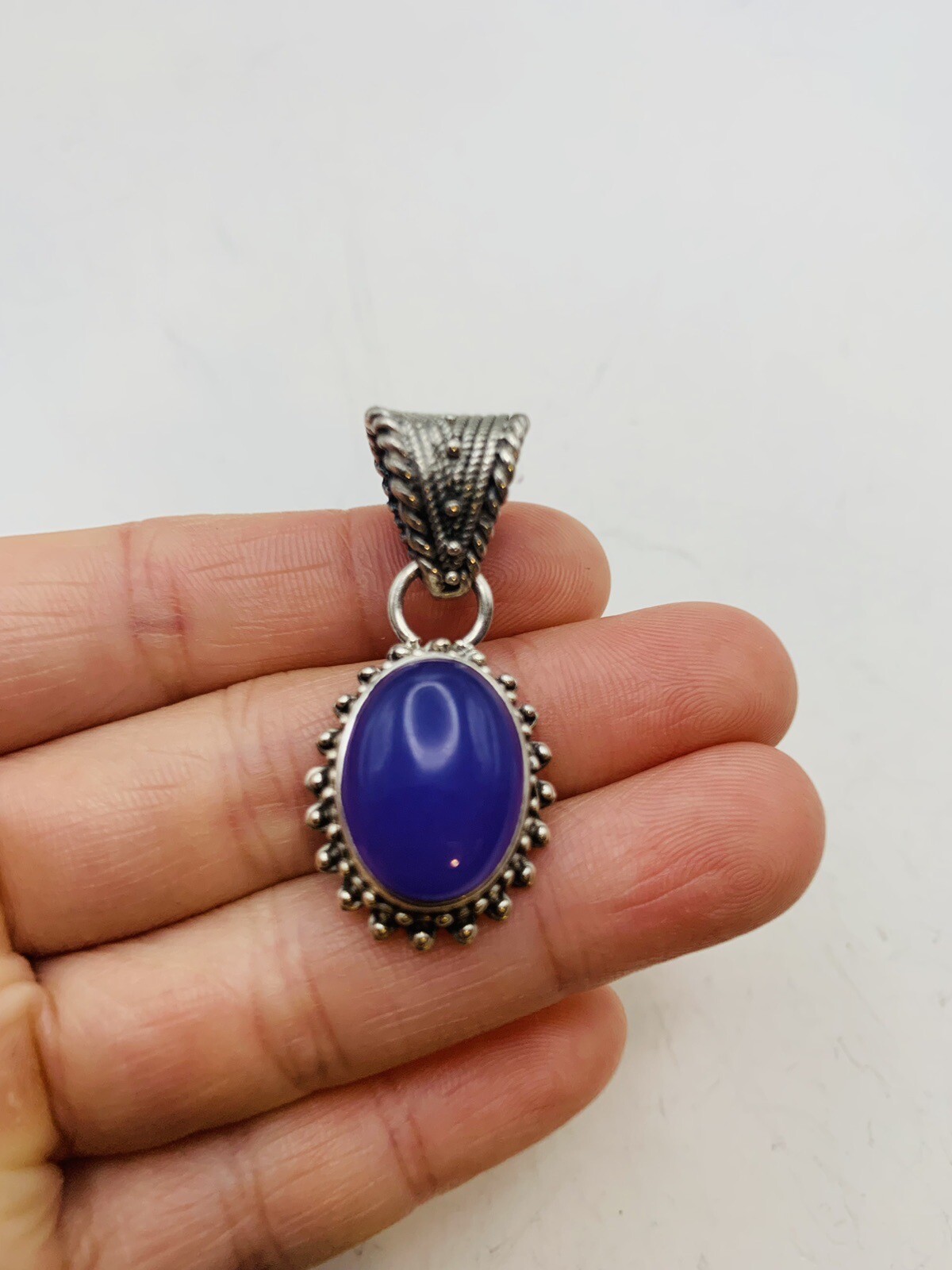 Vintage Sterling Silver Bohemian Purple Blue Oval Dainty Natural Stone Pendant