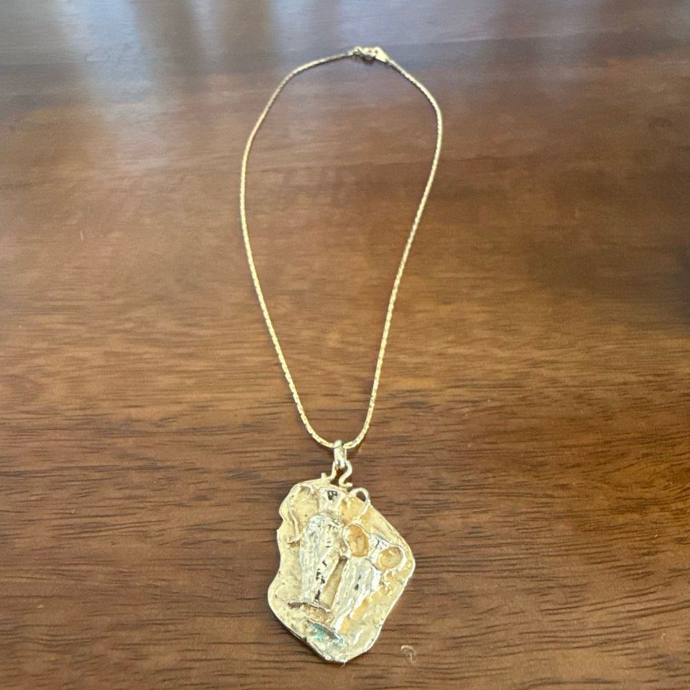Vintage Gold Plated Pendant Necklace Mixed Metal Art Deco Style 18 Inch