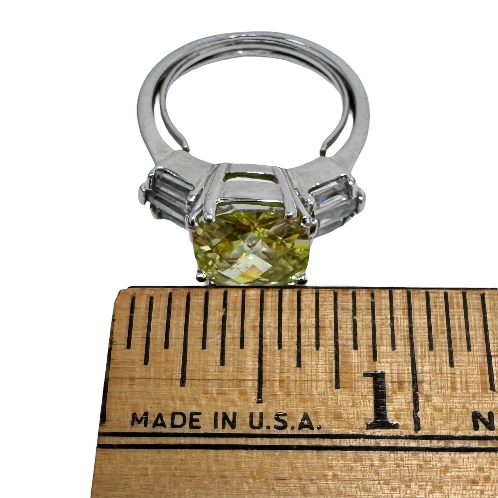 Vtg NV Nevada Silver Mine Silver Tone Green Cushion Cut Glass Cocktail Ring 8.5