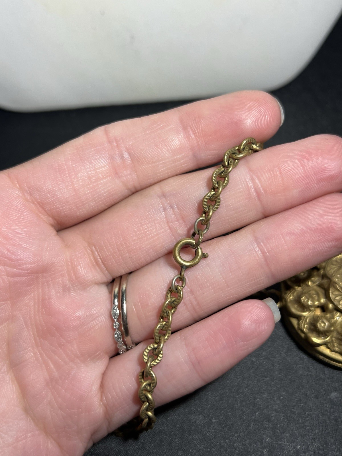 Antique Gold Tone Brass Round Locket Pendant Victorian Art Deco Necklace