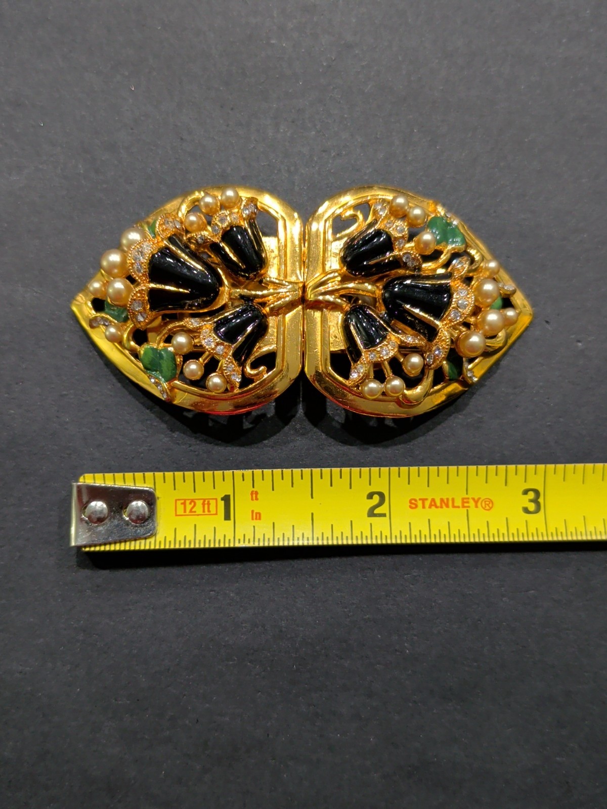 CORO DUETTE Convertible Brooch Gold Tone Black Green Enamel Pearl Crystal Floral