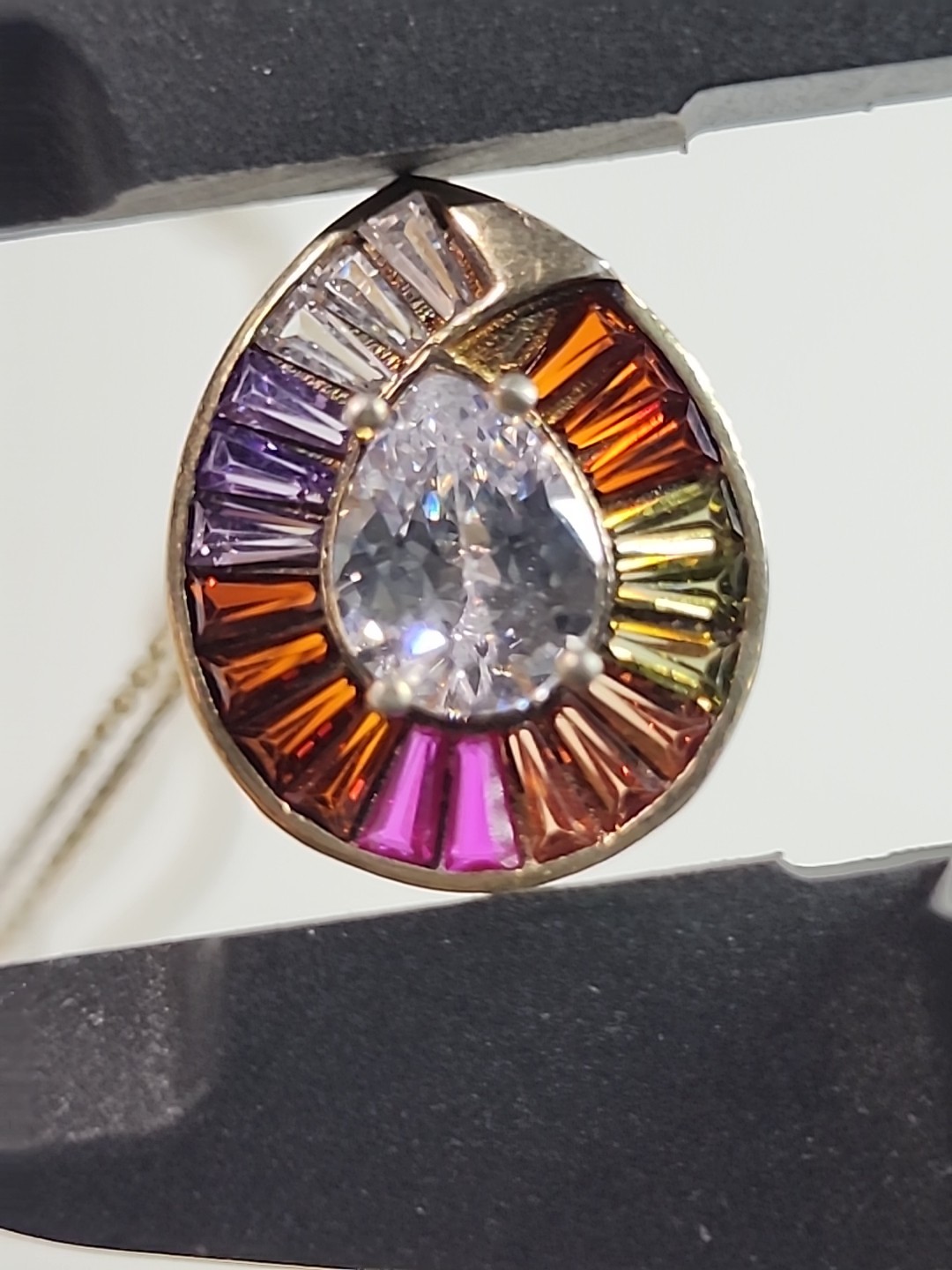 Rainbow Cluster Stones Teardrop Pendant Gold Over .925 Silver 17.5″ Necklace