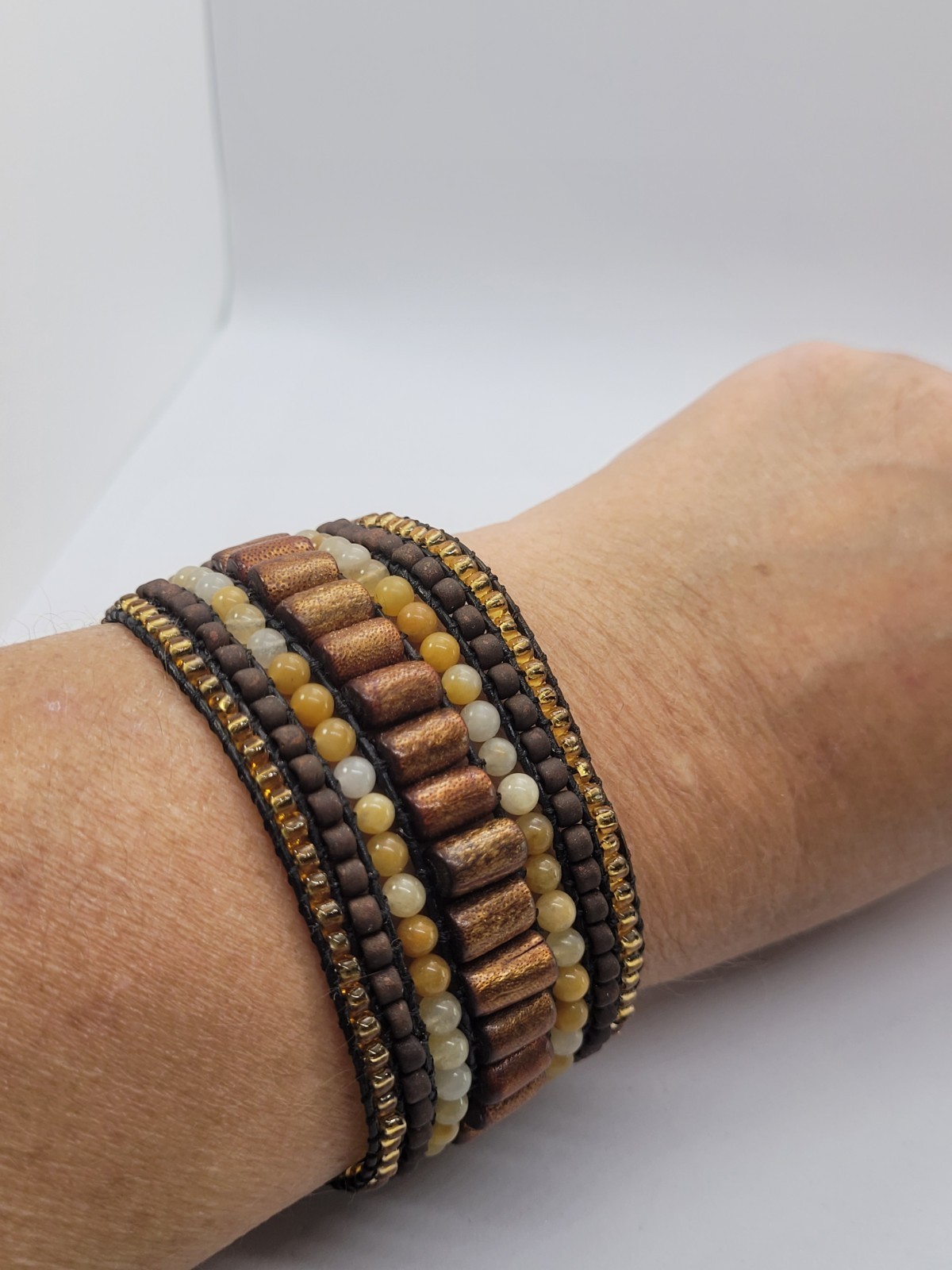 Chan Luu-style Handmade multi-strand wrap bracelet beads button closur 7.5in