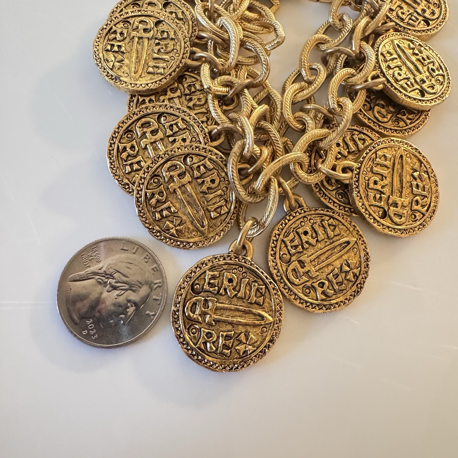 Vintage Stewart Lucas Coin Charm Bracelet, 80s 90s, Etruscan, Byzantine, Signed!