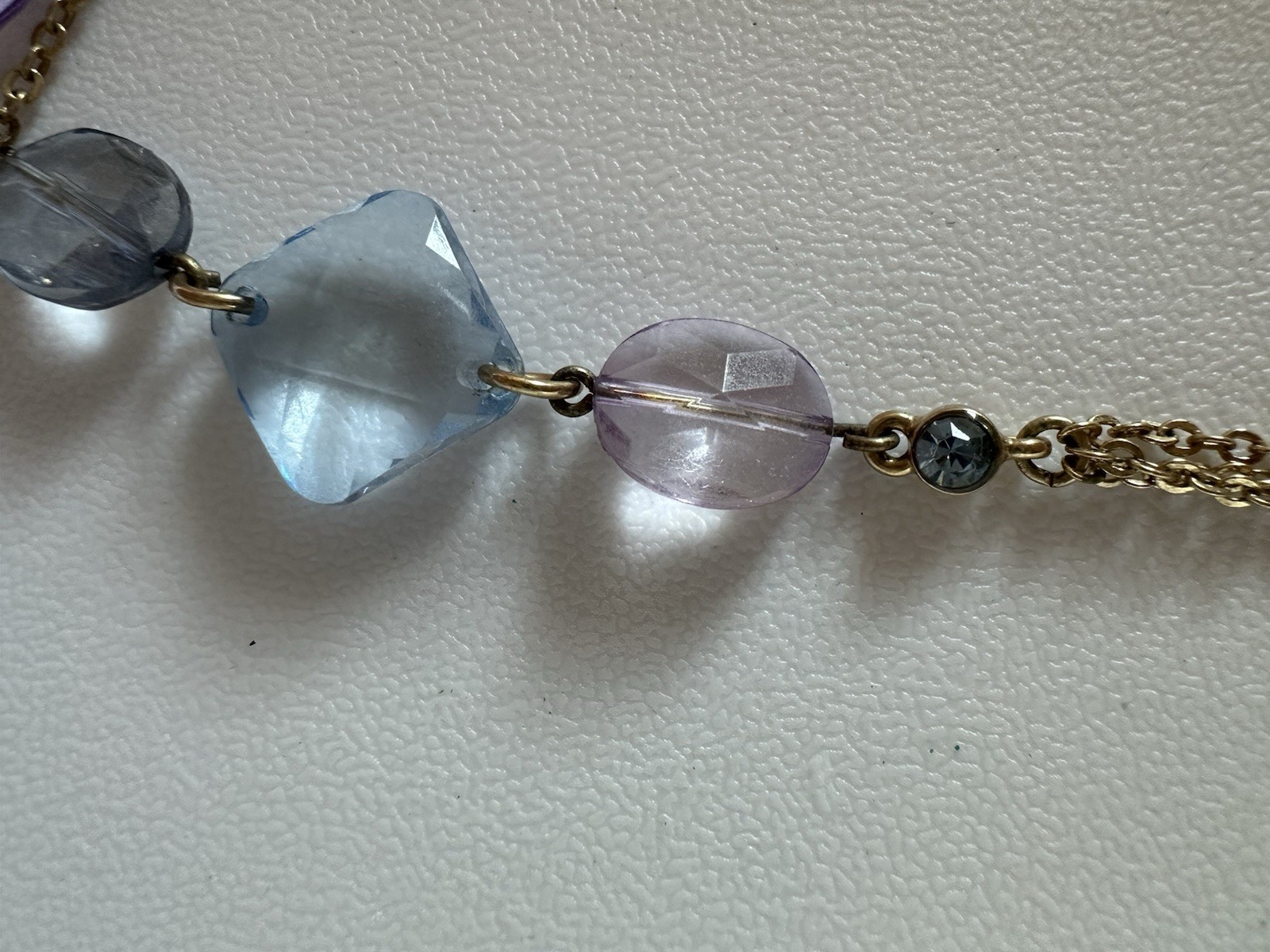 Vintage Light Purple And Blue Acrylic Pendants On Gold Tone Multi Strand Chain