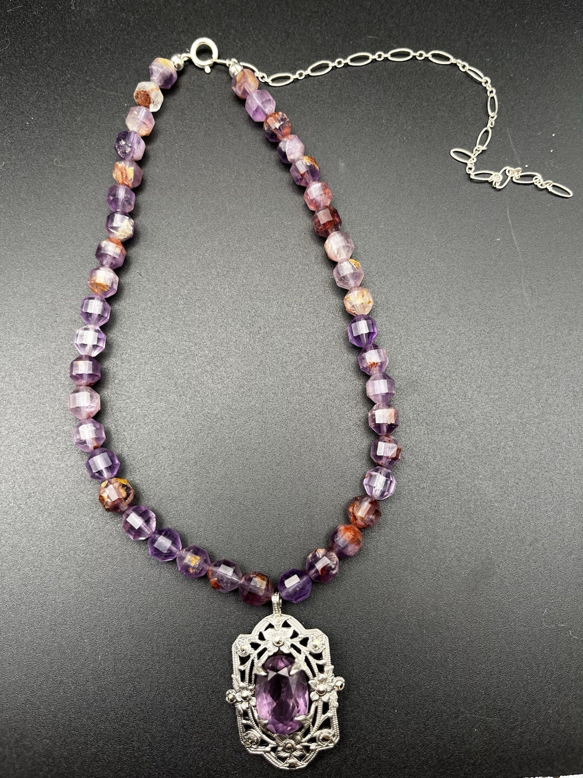 Vintage Sterling Silver Amethyst Art Nouveau Style Pendant On Super Seven Beads