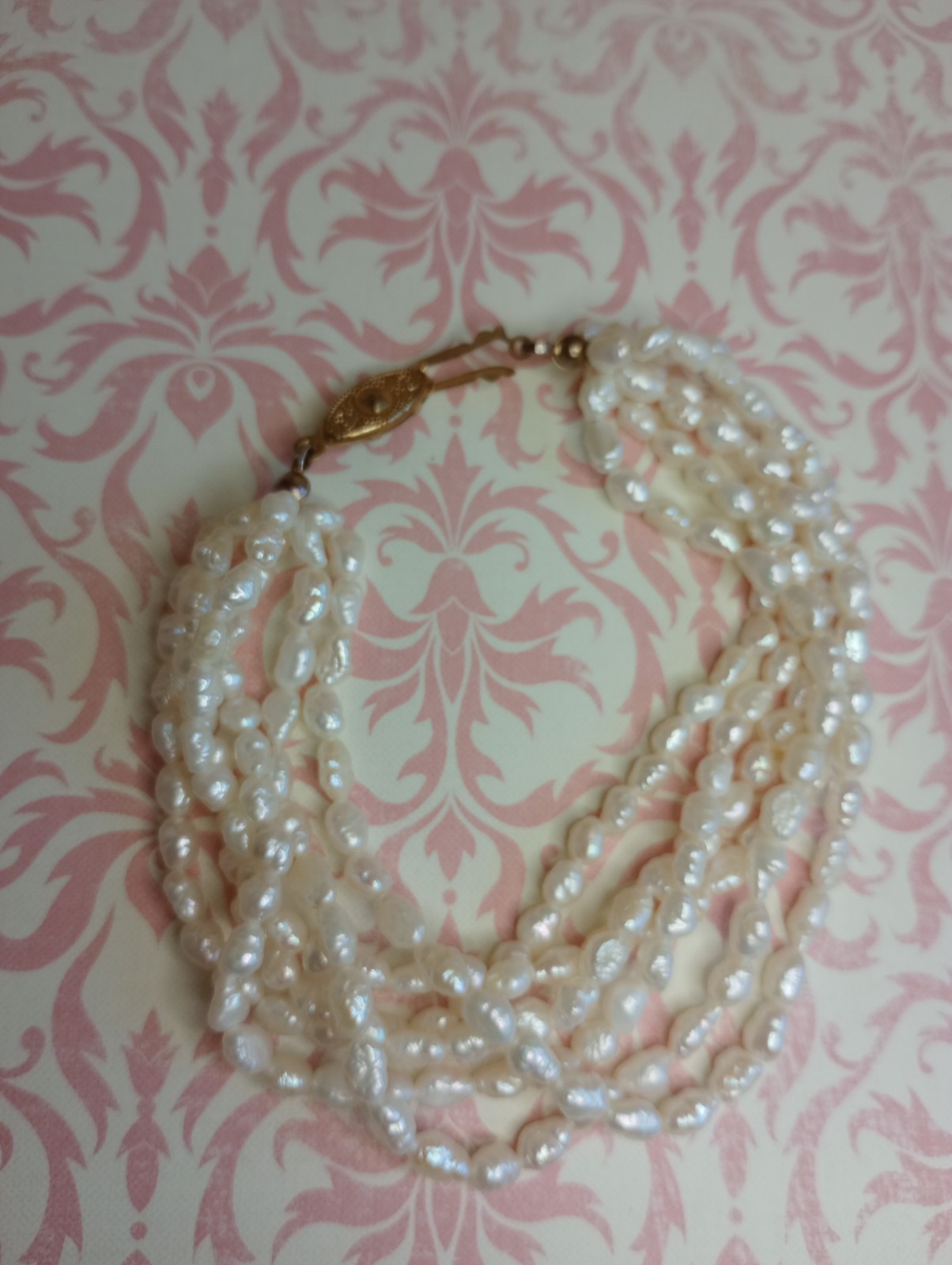 Vtg Freshwater Baroque Rice Pearl Bracelet Gold Tone Fish Hook Clasp 6 Strand