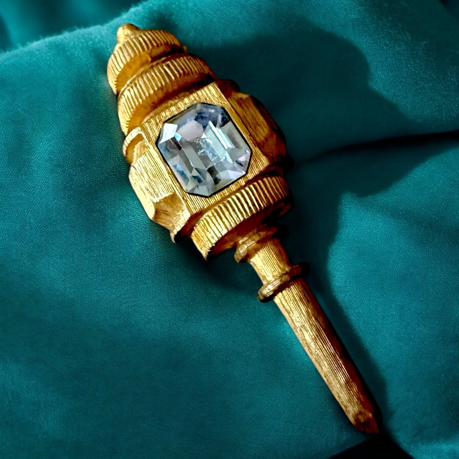 De Nicola Brooch Gold Tone Lamp Post Blue Rhinestone Signed Figural Pin