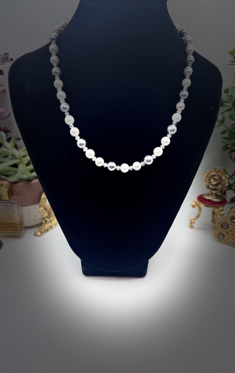 Vintage Elegant Gray and White Faux Pearl And. Crystals Necklace 16”- 18” Long