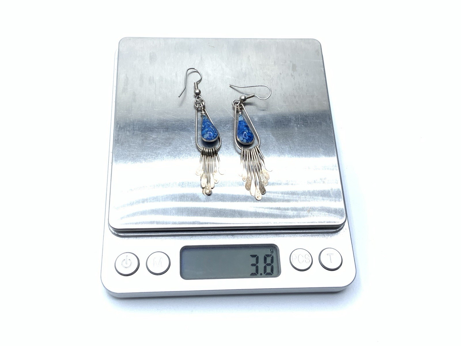 Vintage Southwest Nickel Silver Mix Metal Blue Resin Drop Dangle Hook Earrings