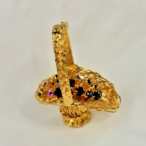 Vintage MCM Retro Gold Tone Flower Basket Pin Brooch Colorful Rhinestone Flowers