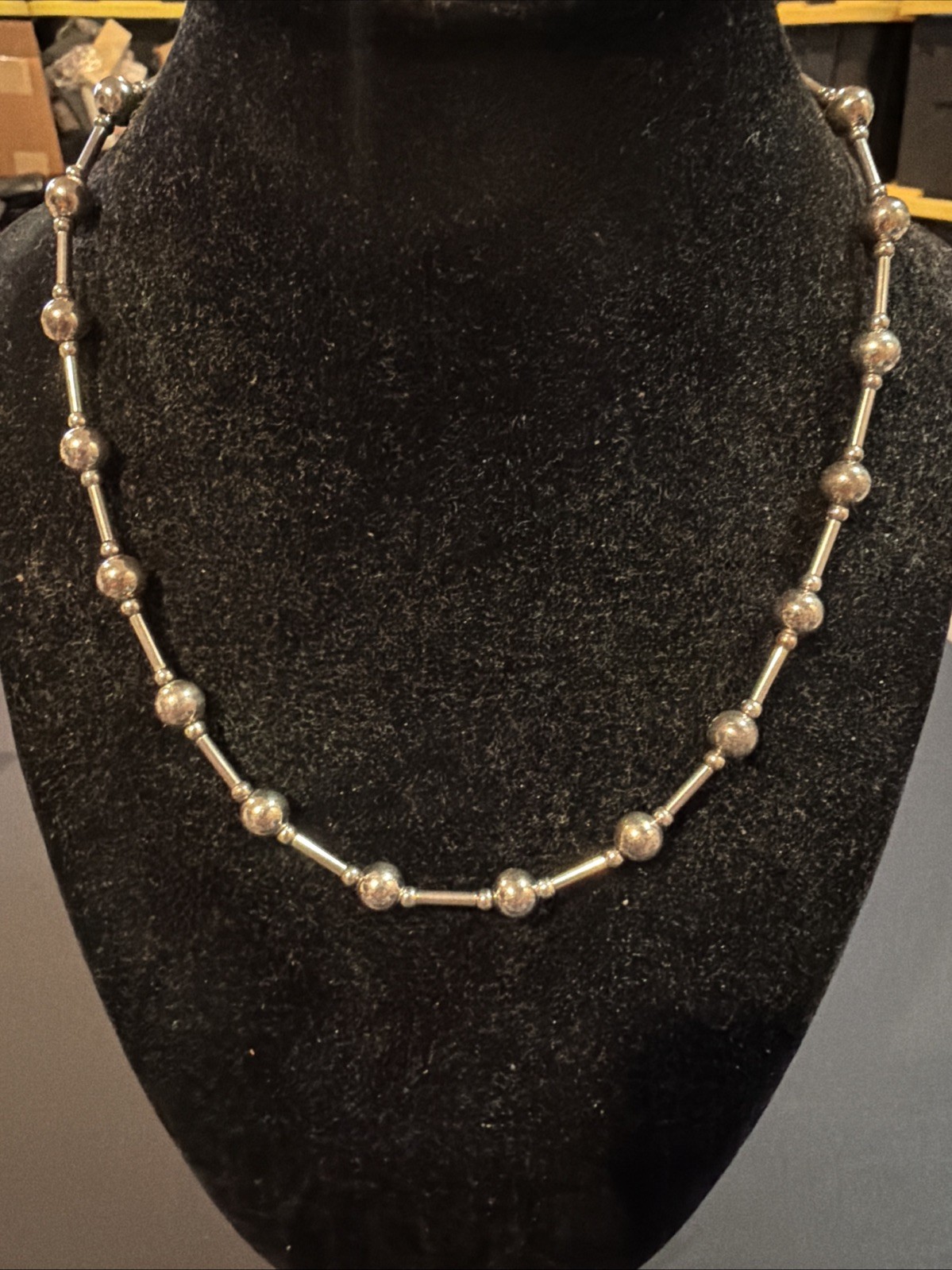 Vintage Sterling Silver Modernist Bar & Ball Bead Station Link Necklace