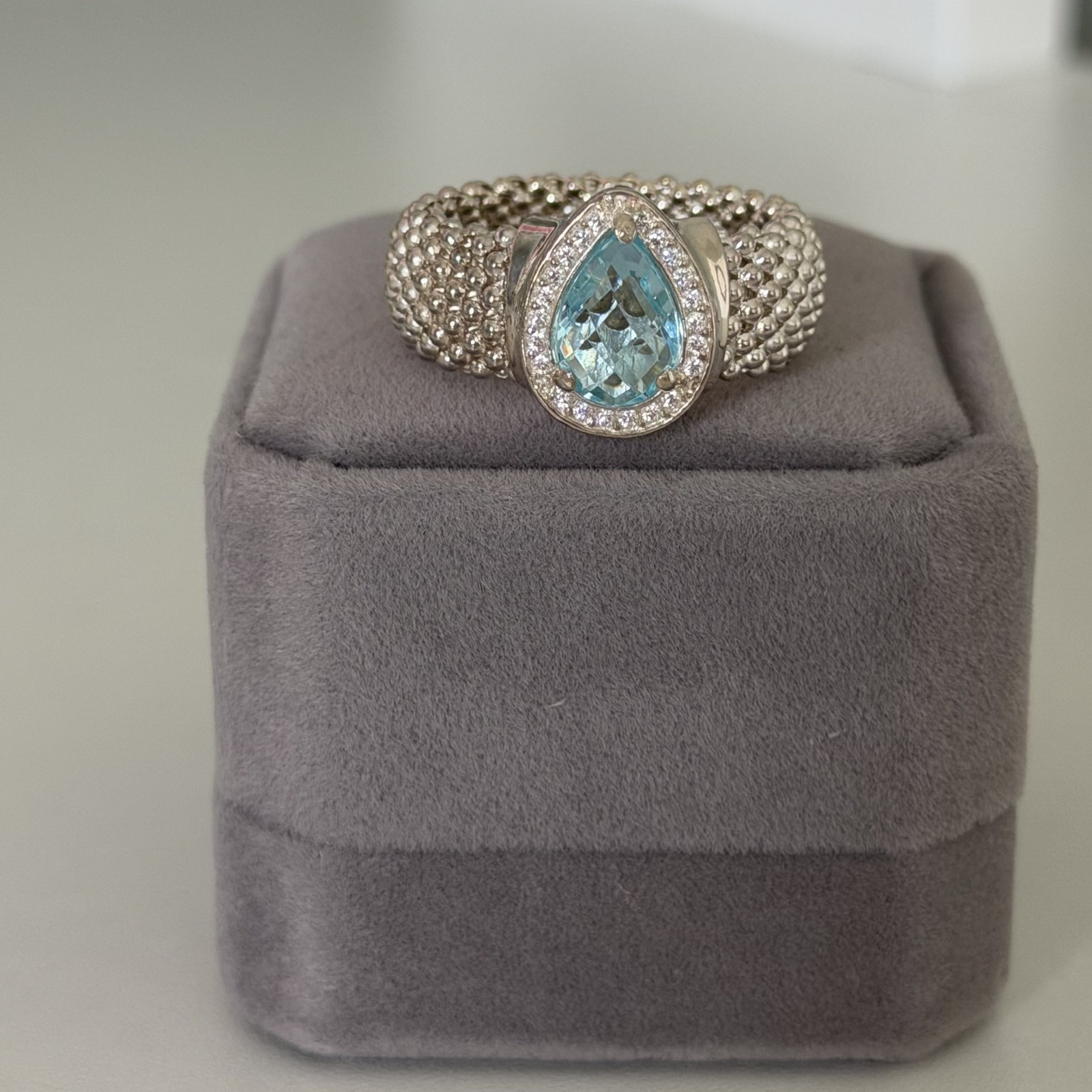 925 Italy Sterling Silver Genuine Blue Topaz Pear White Topaz Mesh Ring Size 9
