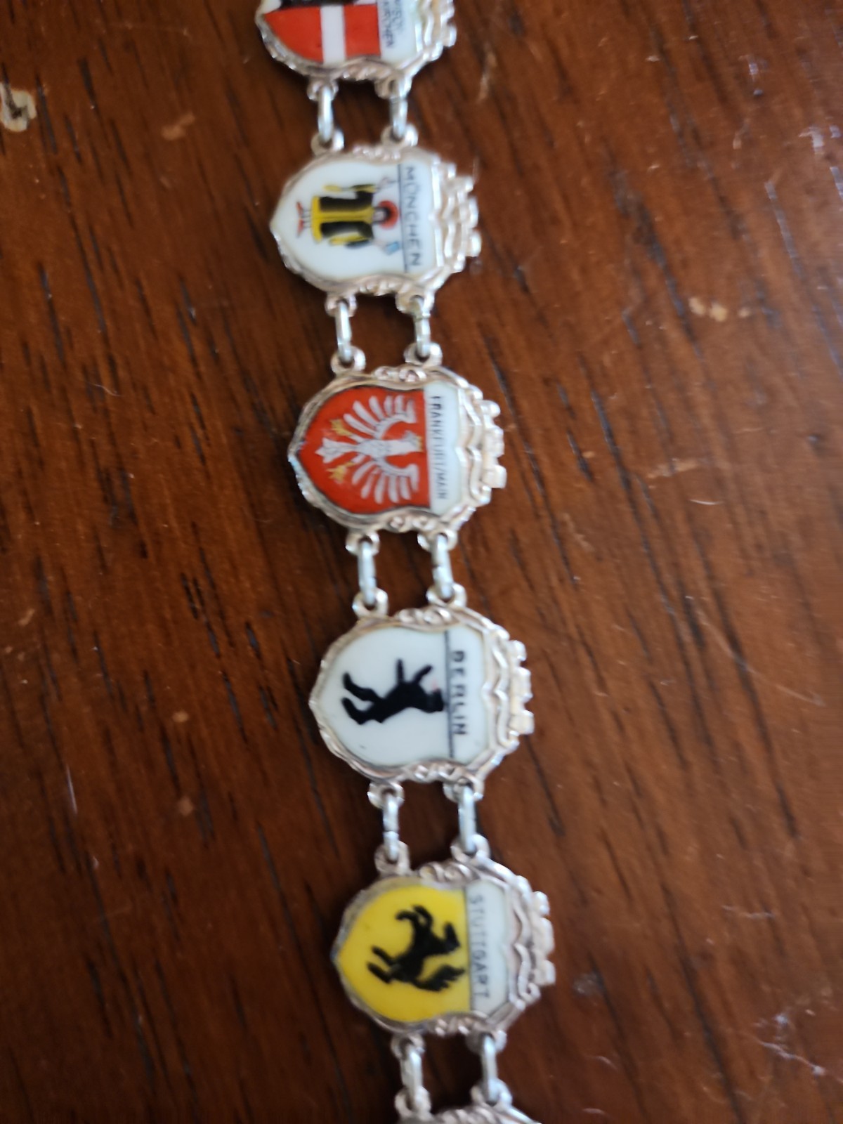 Vintage German Sterling Enamel City Shields Link Bracelet,60’s,Silver,Europe,WOW