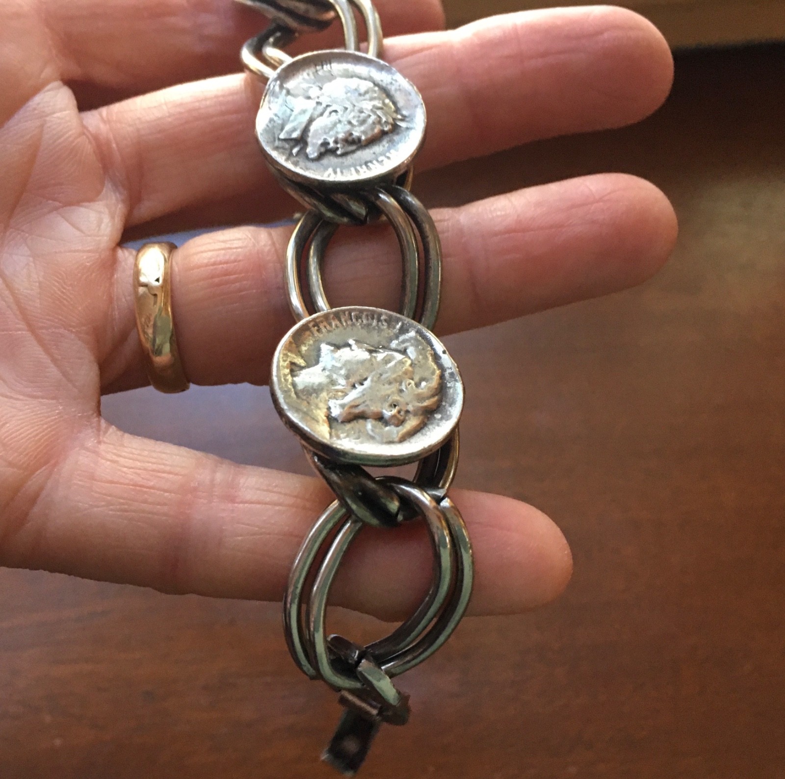 Louis Rault Mark Silver Content Link Bracelet with 4 Coin Monarch Faces