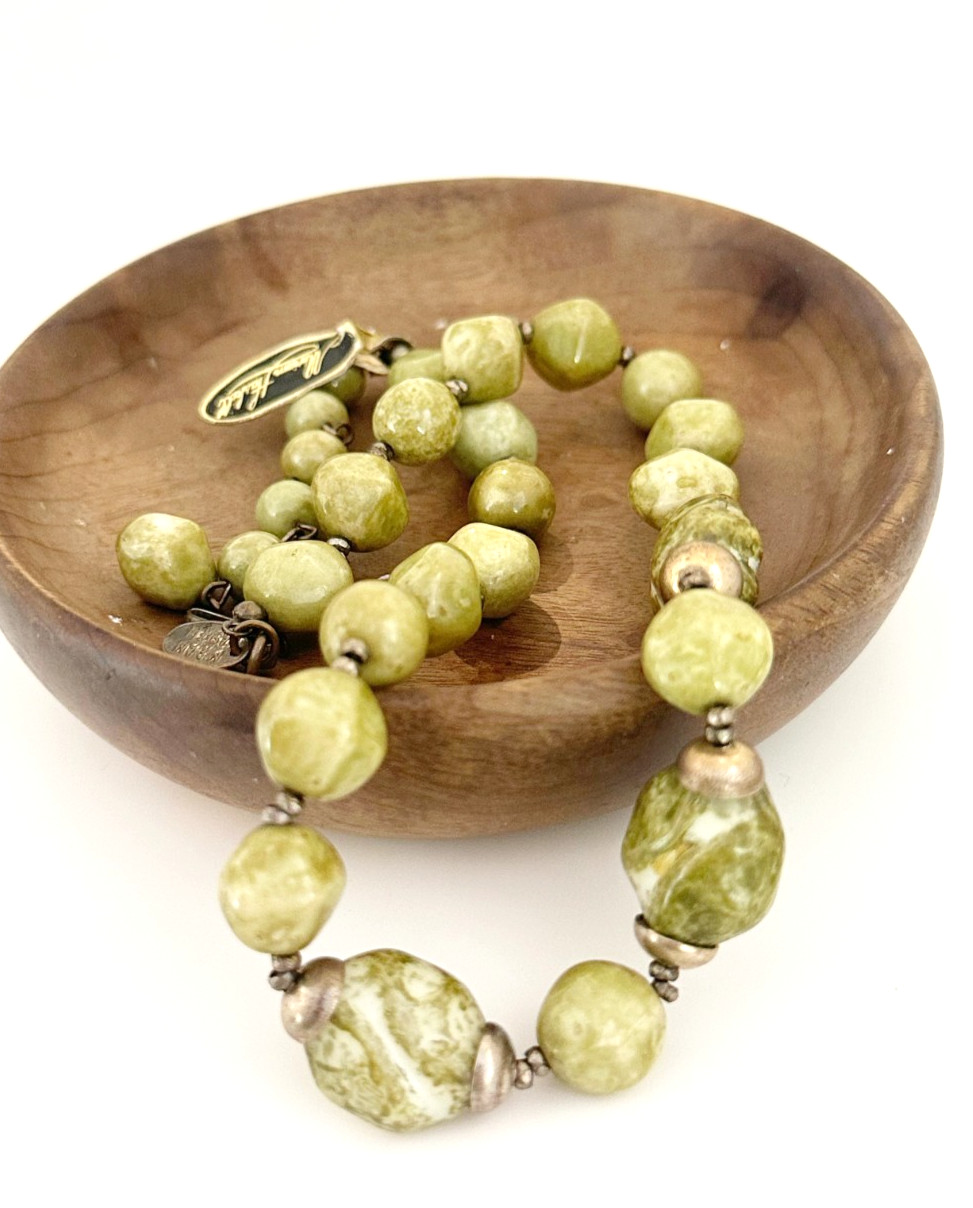 Vintage Signed Miriam Haskell Marbled Green Glass Nugget Bead Statement Necklace