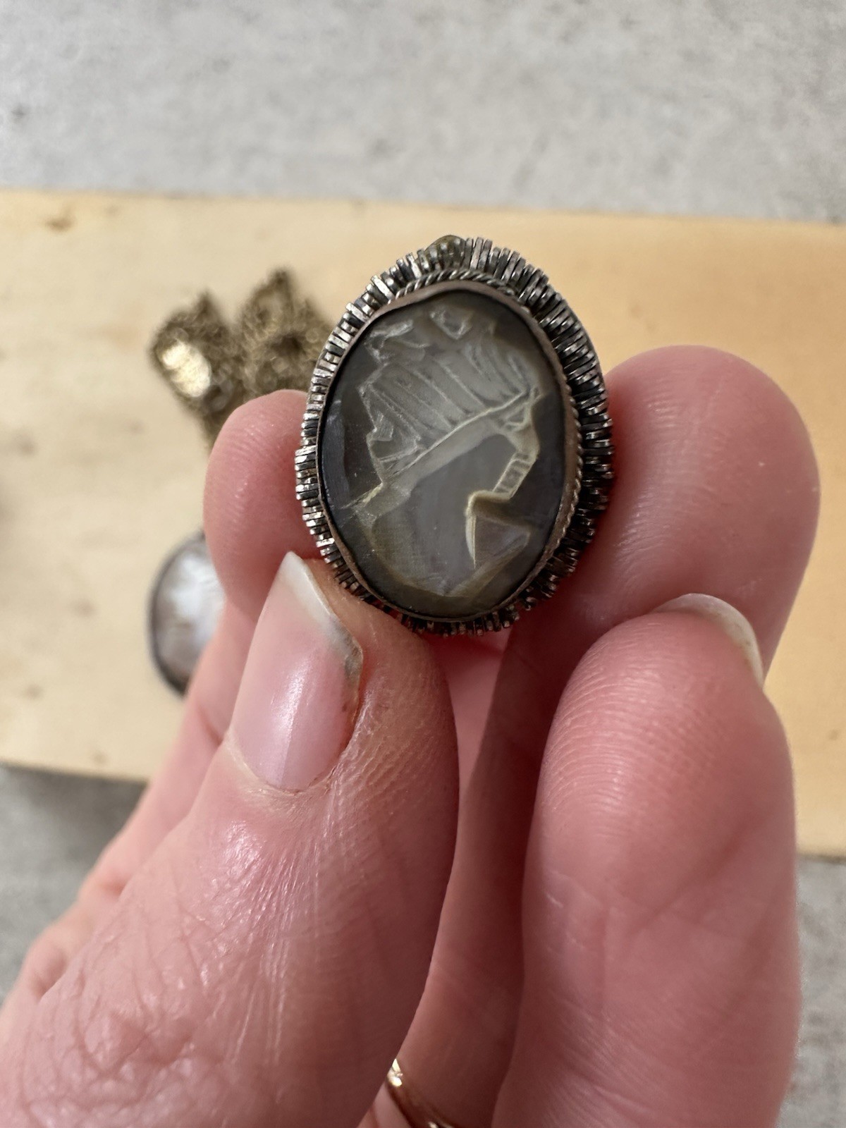 Art Deco 800 European Silver Hand Carved Left Right Cameo And Necklace Box Set
