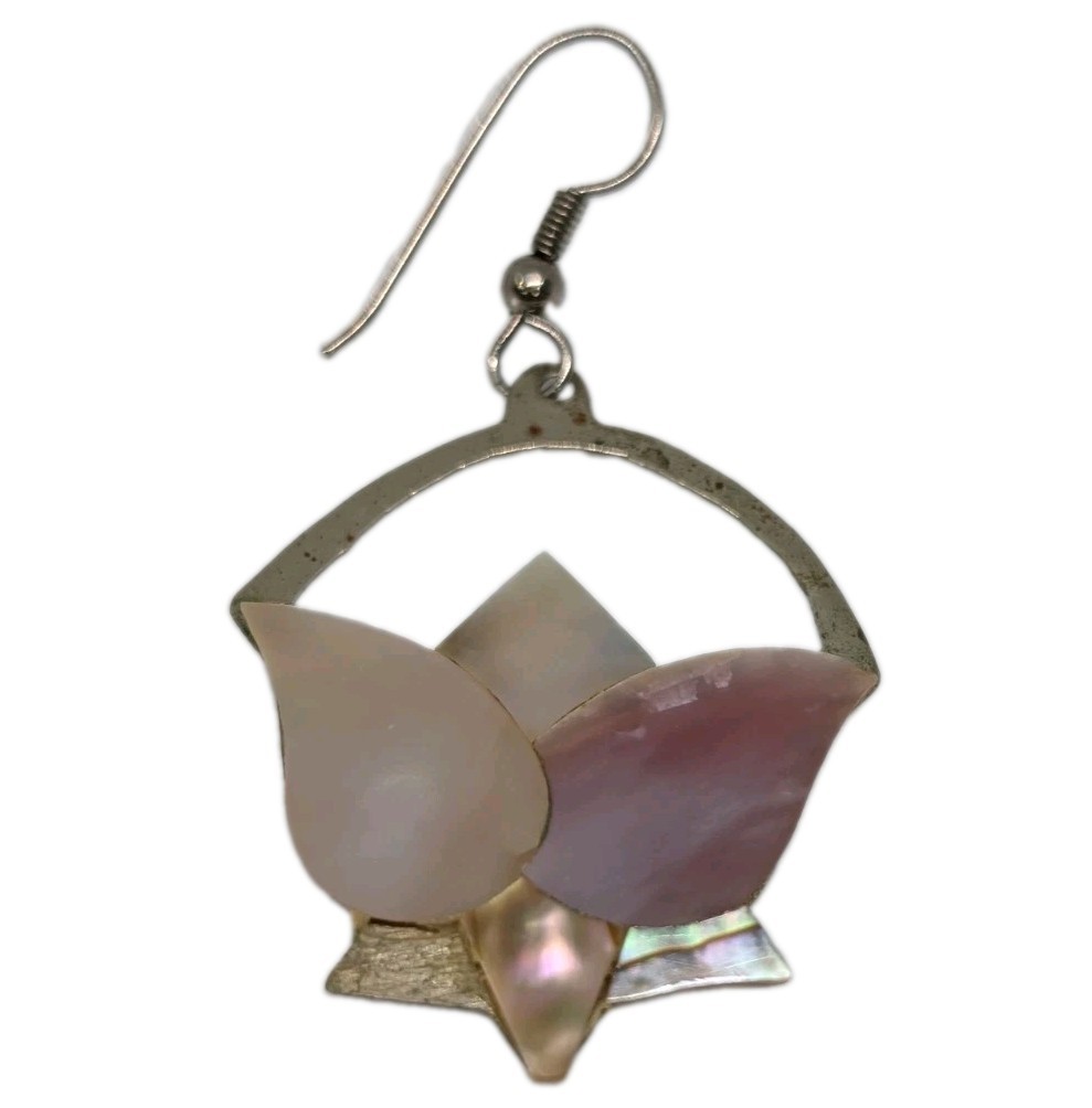 Vintage Alpaca Mexico 1980s Mother of pearl lotus flower earrings