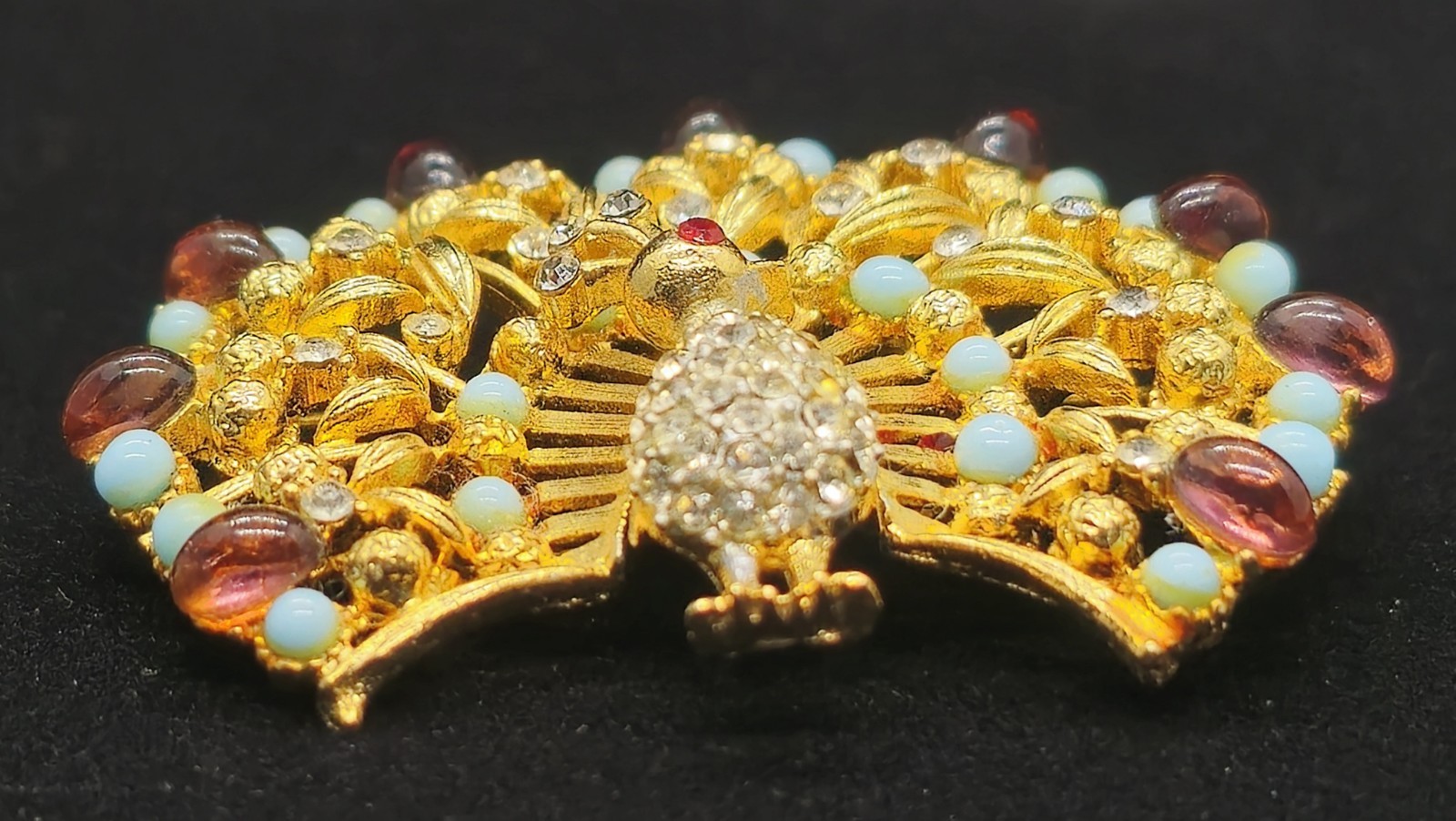 Vtg Signed Lisner Blue Purple Rhinestone Figural Peacock Gold Tone Brooch Pin