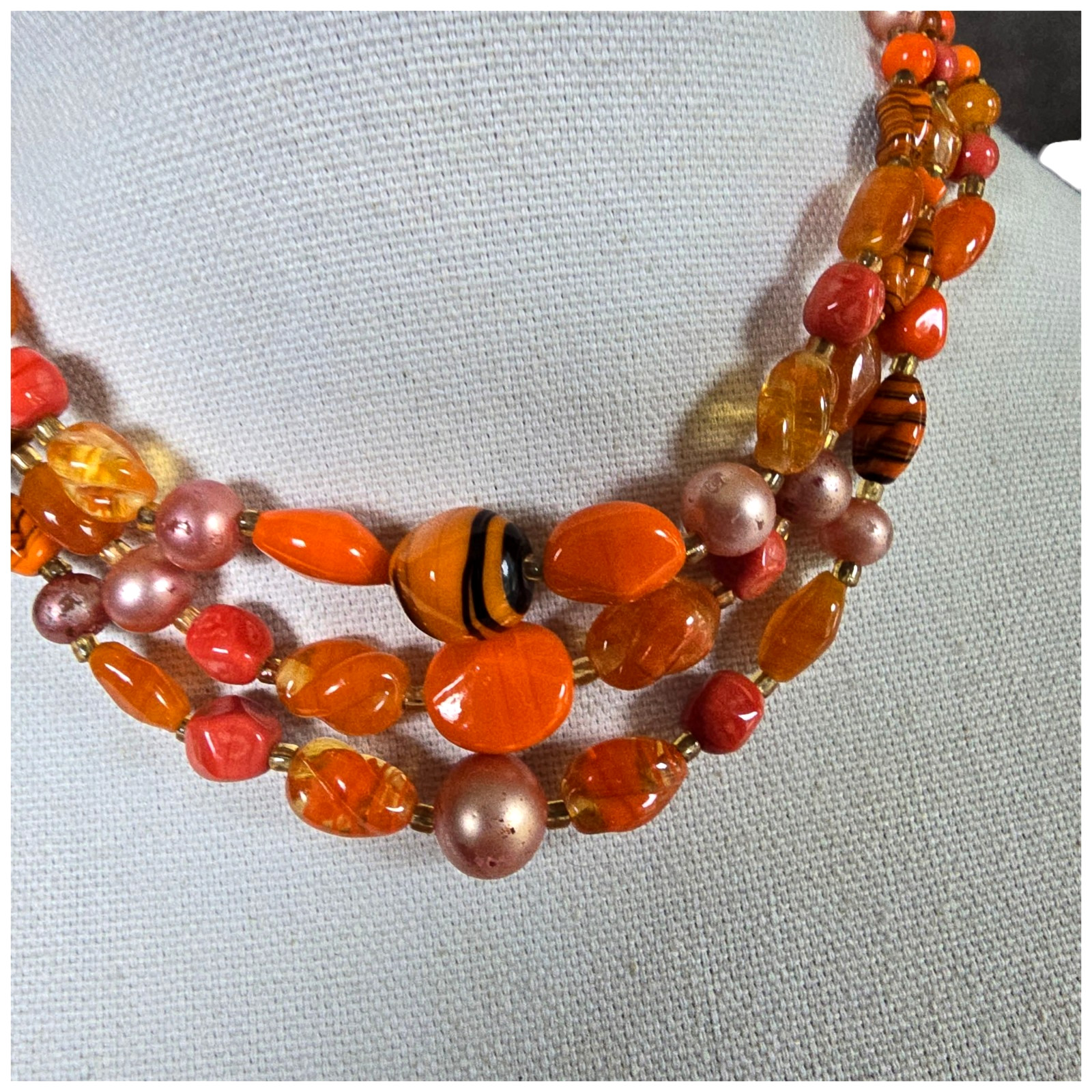 Vintage Japan 3 Multi-Strand Beaded Necklace Orange Pink Art Glass Beads