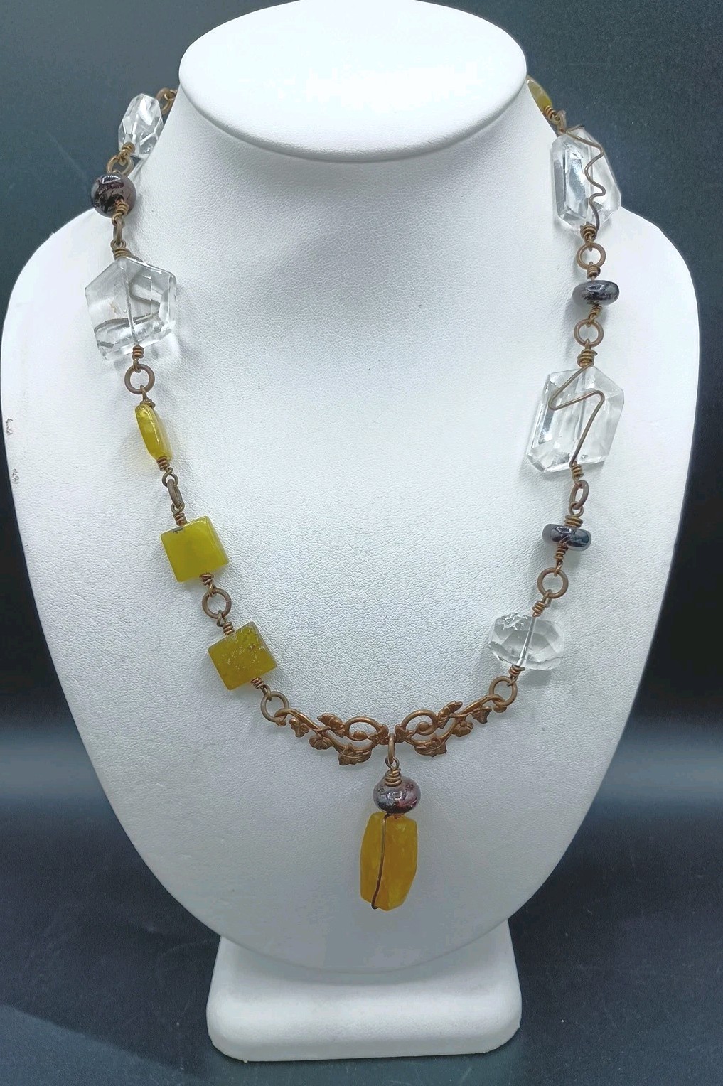 Gem Stone Necklace Copper Wire Wrap Fat Quartz Yellow Rock Floral Artisan