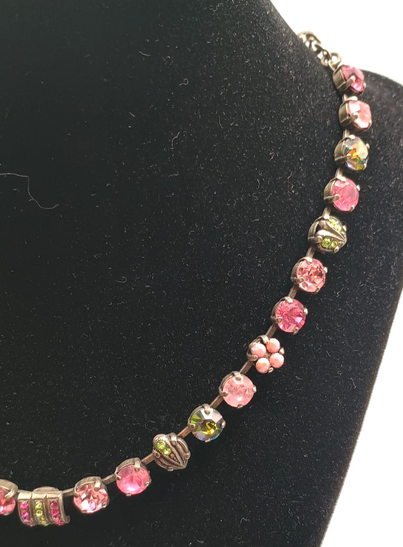 Vintage Mariana Swarovski Crystal Necklace Pink Green Silver Tone Israel