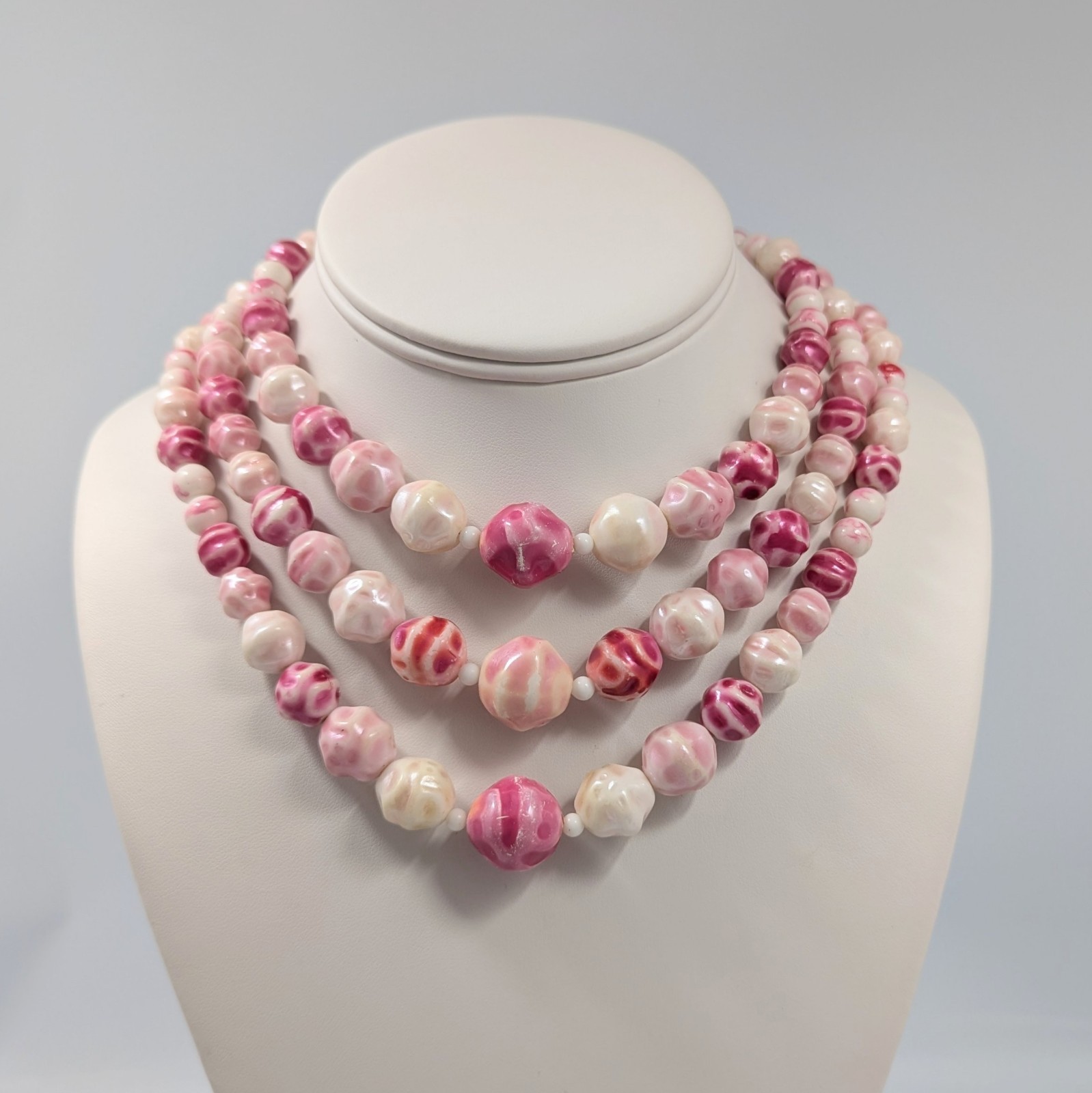 Lucite Hand Painted Pink Beads 3 Strand Vintage Necklace Japan 15-17″
