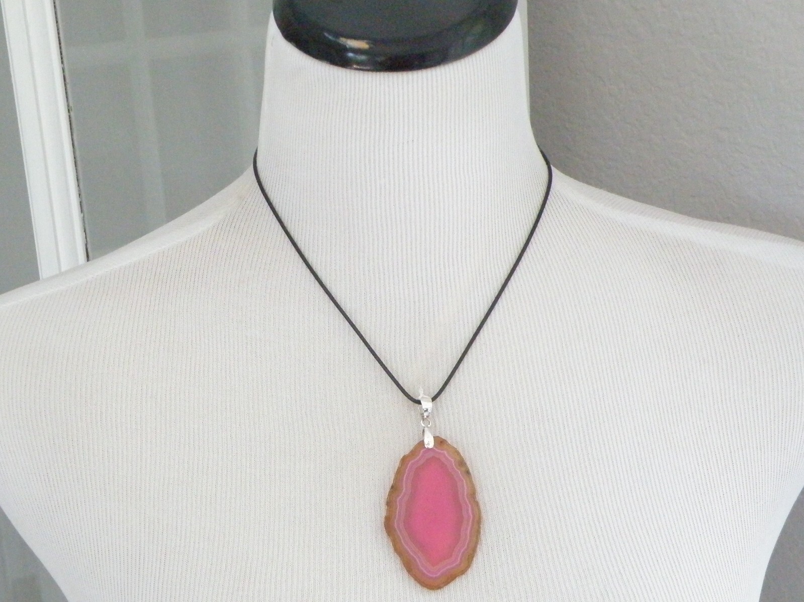 Huge Sterling Silver 925 Pink Geode Crystal Slab Vintage Pendant Necklace