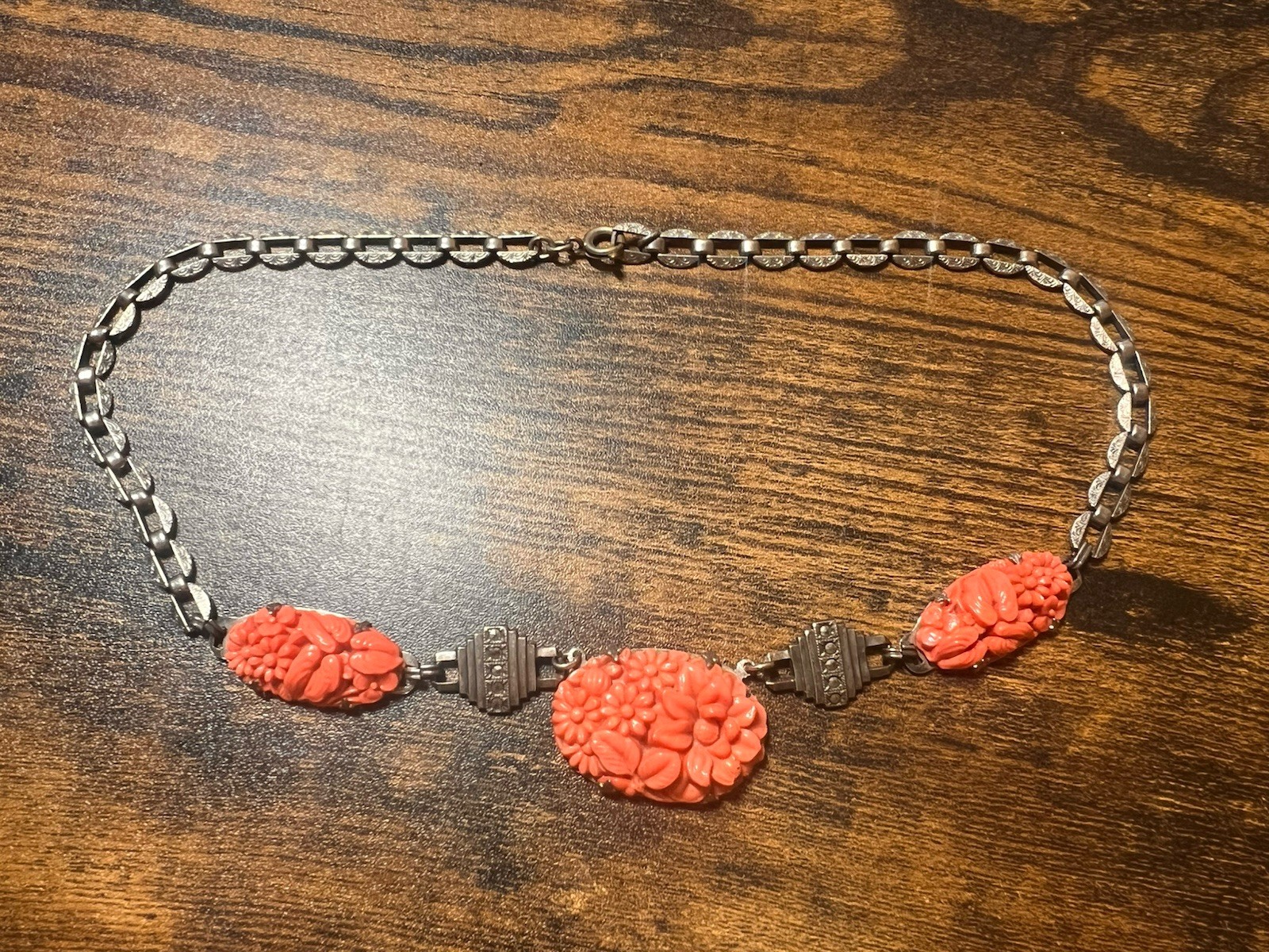 1930’s Deco Sterling Marcasite Coral Glass Necklace Flowers 16”