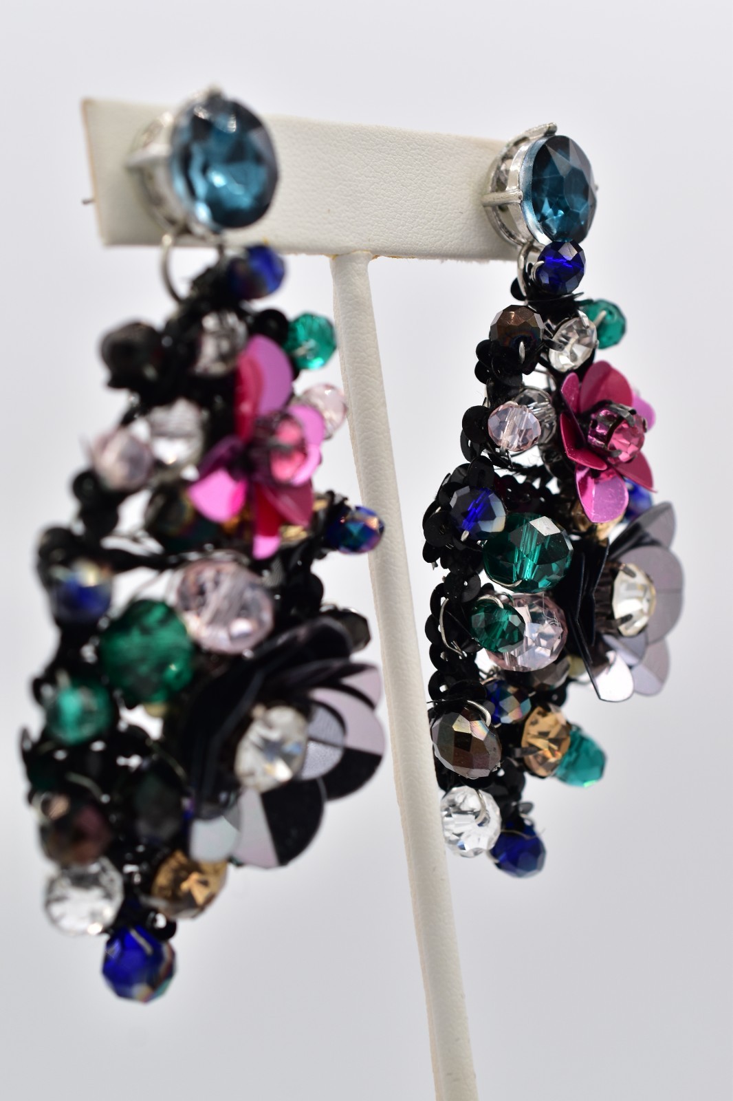 Vintage Sequin Flower Drop Dangle Earrings Rhinestone Chunky Statement Y2K BinAY