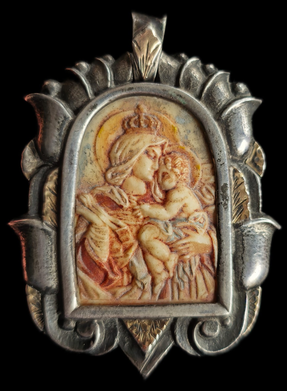 Fine Antique Art Nouveau Silver Gold Madonna Virgin Mary and Jesus Pendant C1900