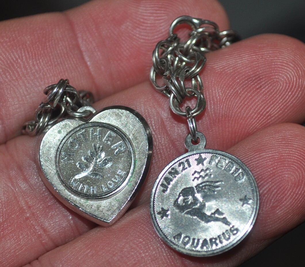Vintage STERLING CHARM BRACELET cross, son, daughter, mom, aquarius .65 troy oz