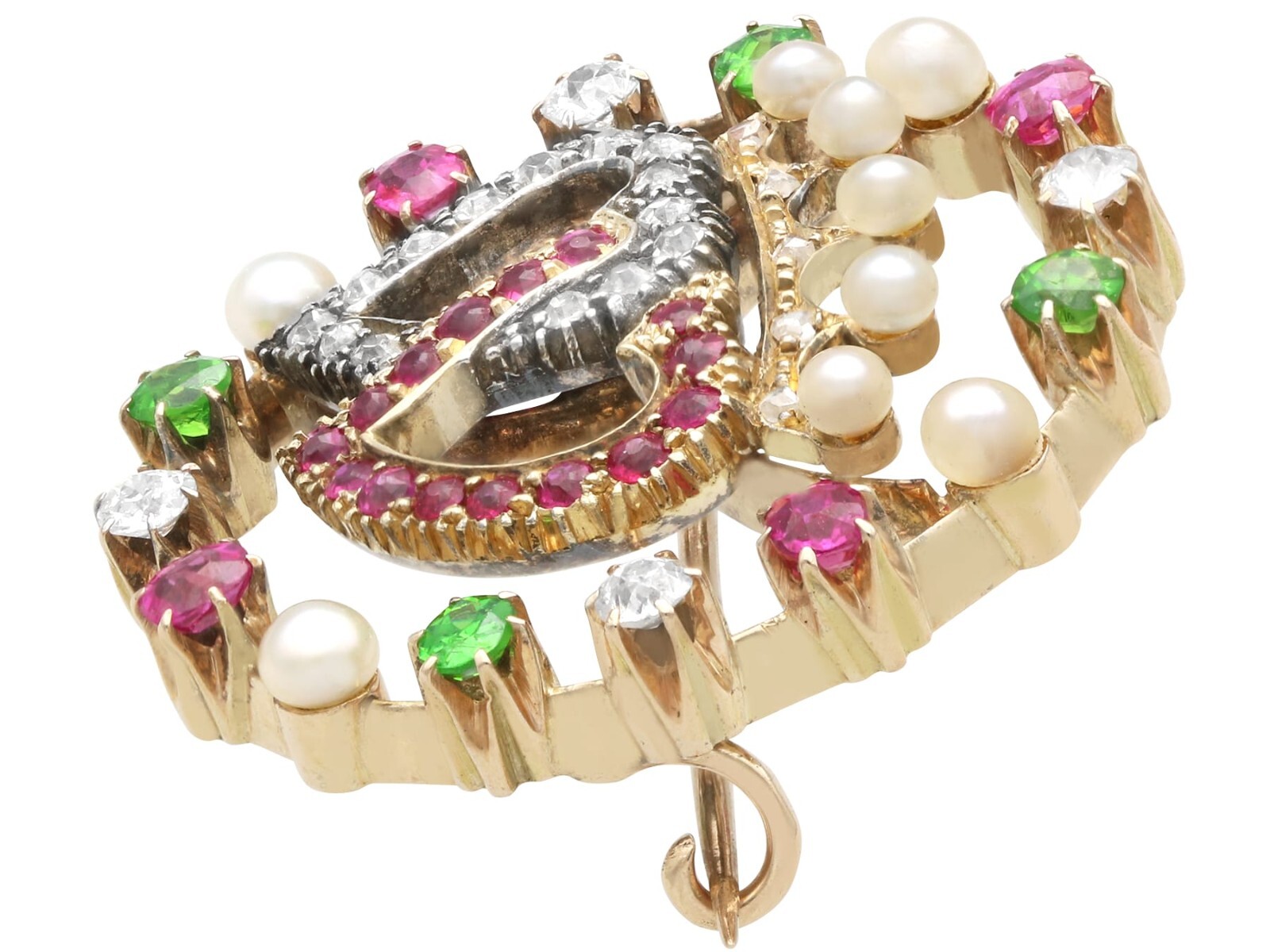Pearl, 0.30Ct Demantoid Garnet, 0.45Ct Ruby, 0.35Ct Diamond, 14k Gold Brooch