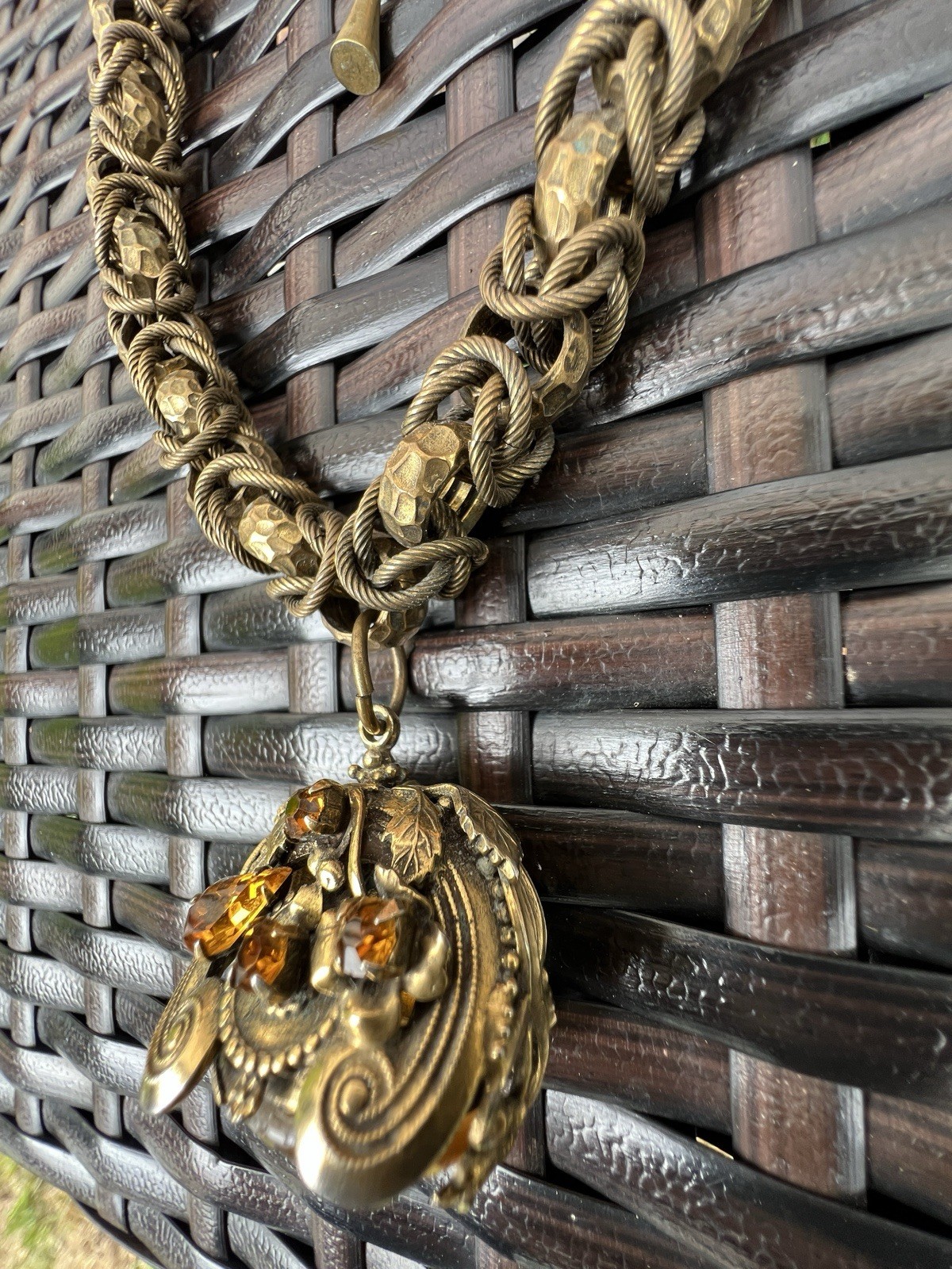 VTG HENKEL & GROSSE Victorian Revival Rhinestone & Art Glass Fob Necklace RUNWAY