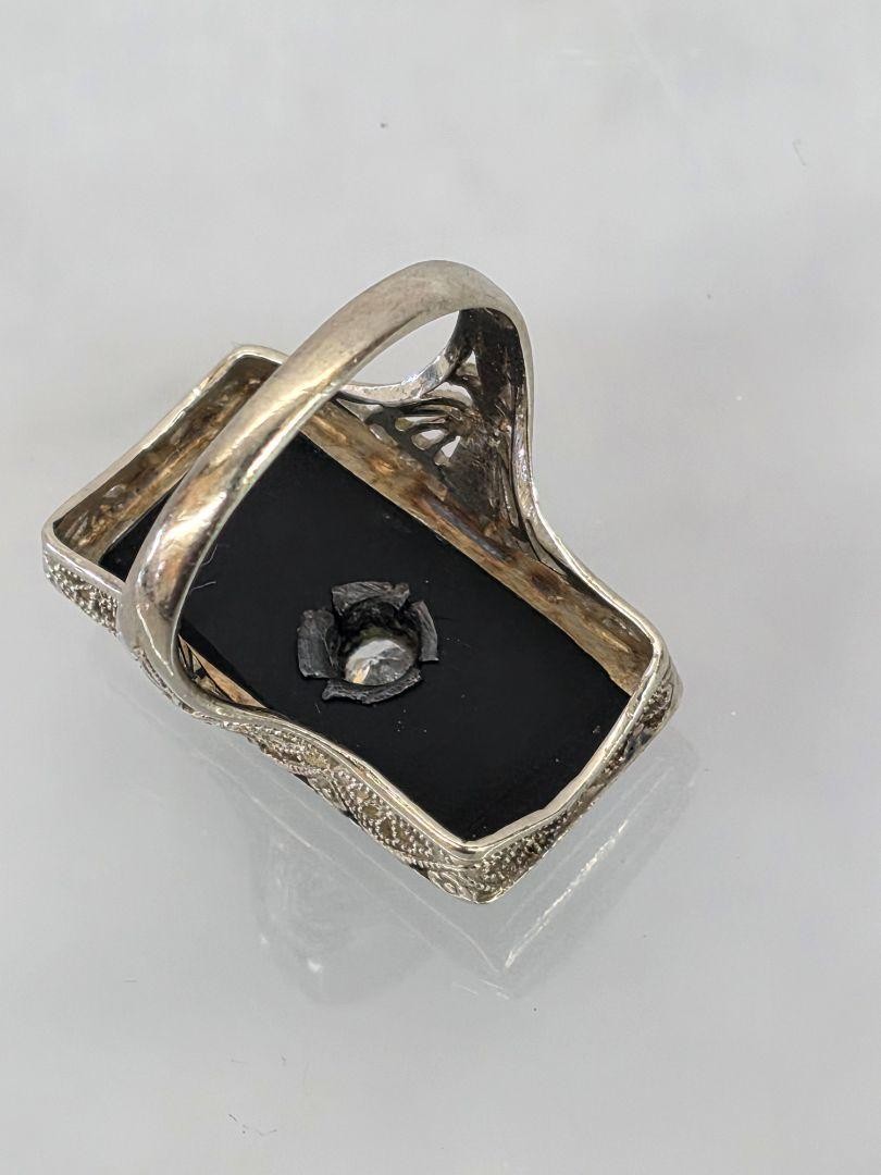 Victorian 14k White Gold Filigree Diamond & Black Onyx Ring Size 4.75