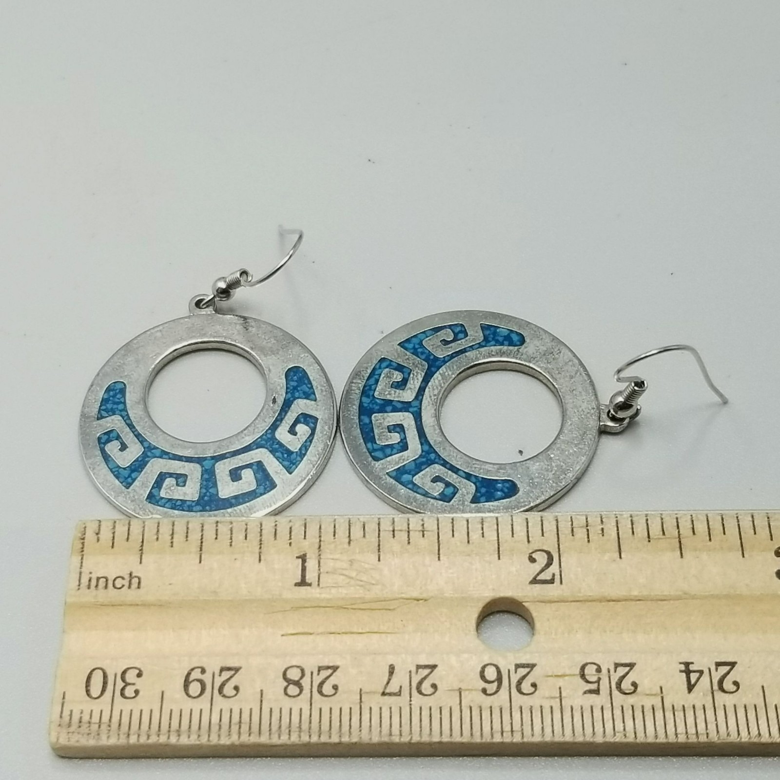 Vintage Aztec Greek Key Hoop Dangle Earrings Blue Chip Inlay Silver Tone