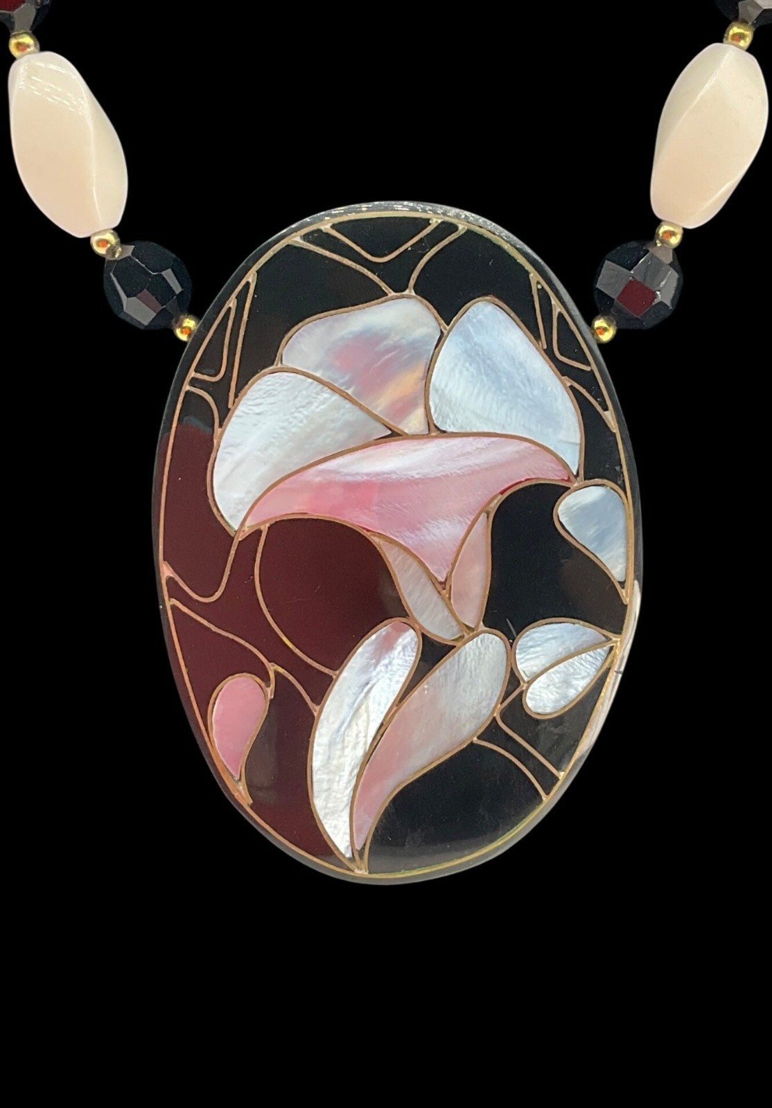 Vintage 70’s Lee Sands Artisan Calla Lily Flower Mother Of Pearl Inlay Necklace