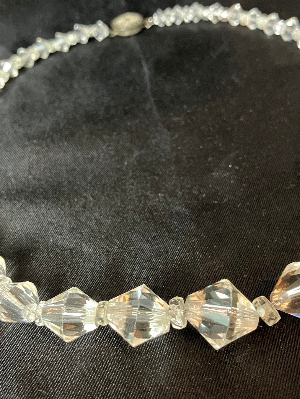 Vintage Art Deco Faceted Crystal Necklace Silver Chain Faceted Bi-cone Beads 16″