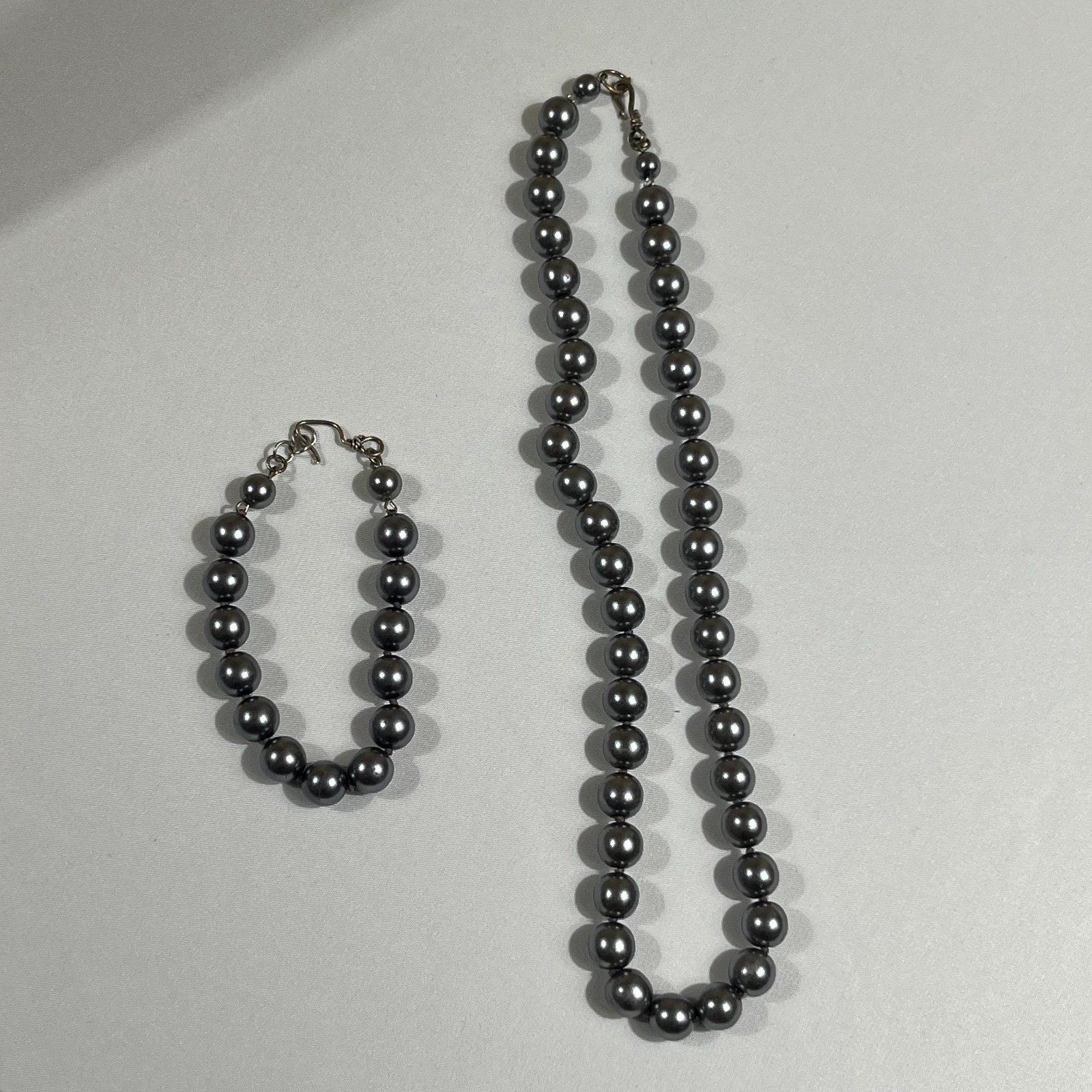 Dark Gray Pearl Strand Necklace and Bracelet Set Classic Elegant Goth Boho