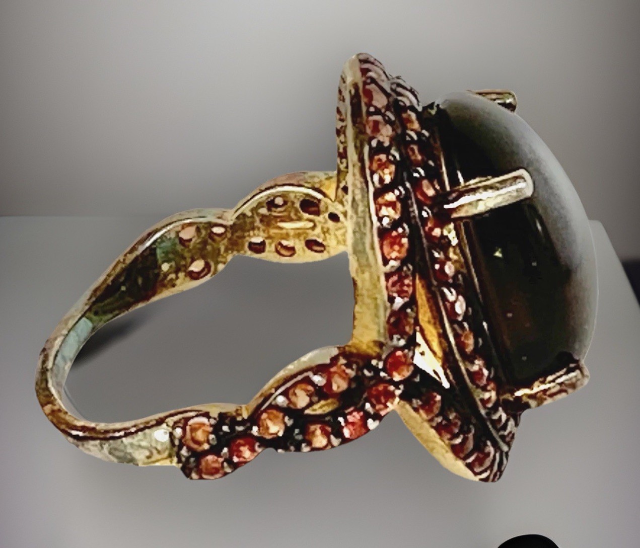 Clear Brown Stone w/Tiny Peach Stones Gold Plated Sterling Silver Ring TH , Sz 7