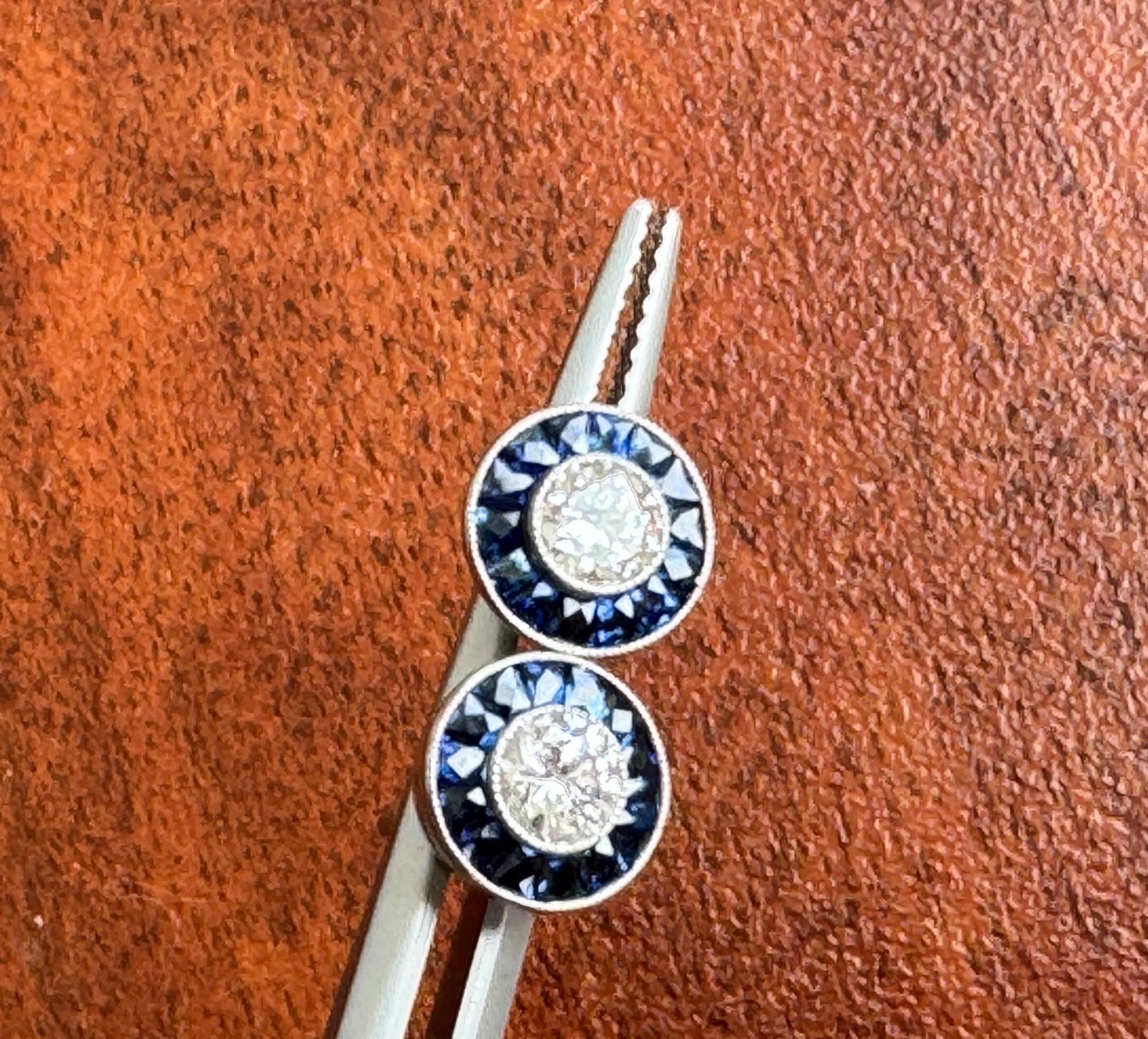 ART DECO STYLE .55 ctw DIAMOND w/ SAPPHIRE HALO PLATINUM EVERYDAY STUD EARRINGS