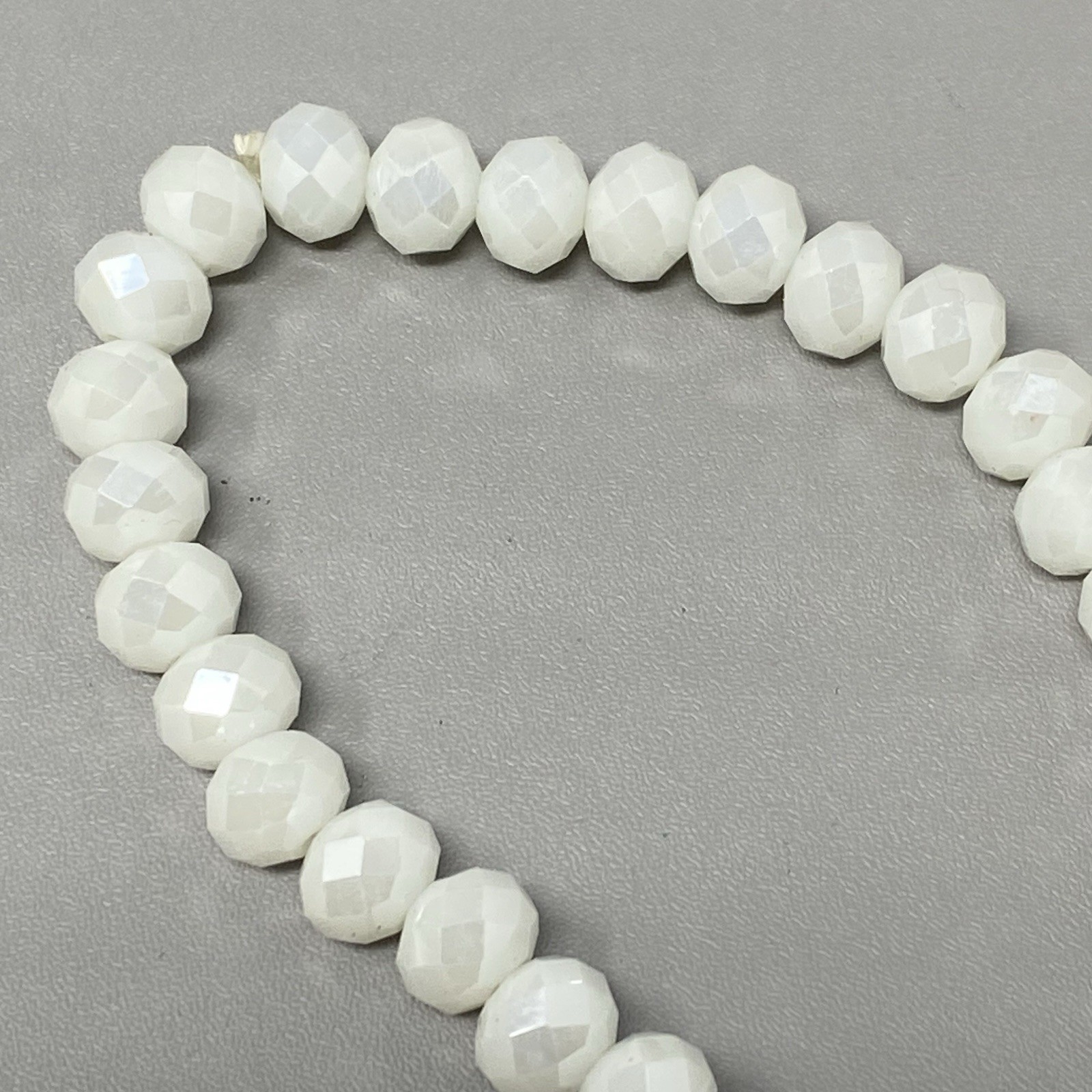 White Glass Beaded Bracelet Faceted Fire Polished Simple Stretch Elastic 6.5″