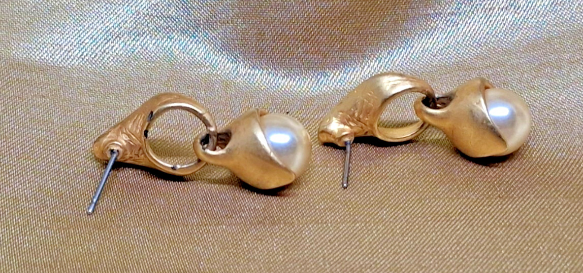Vintage Gold-Tone Faux Pearl Dangle Drop Post Chunky Mid-Century Modern Earrings