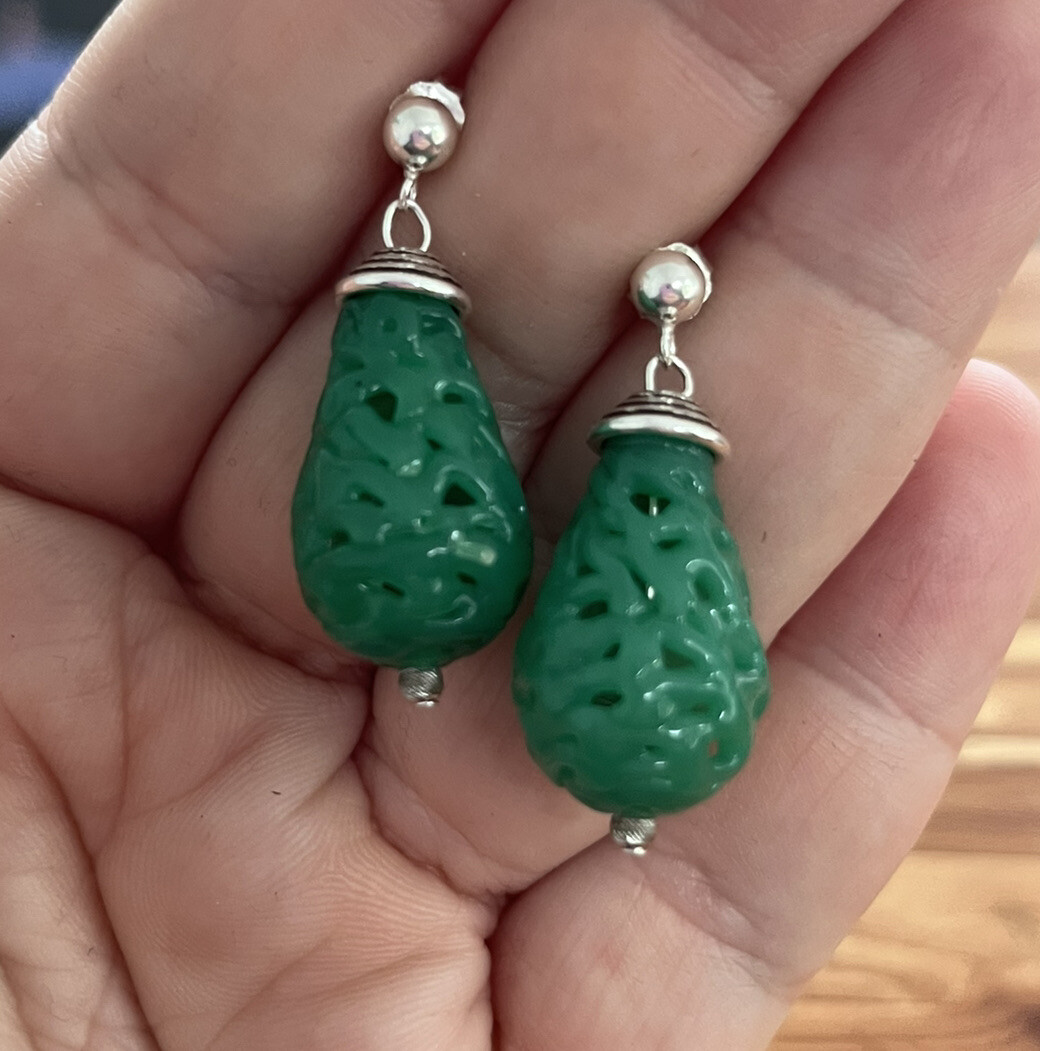 Vintage 1940s Czech Lampwork Green Bead 925 Sterling Silver Art Glass Earrings