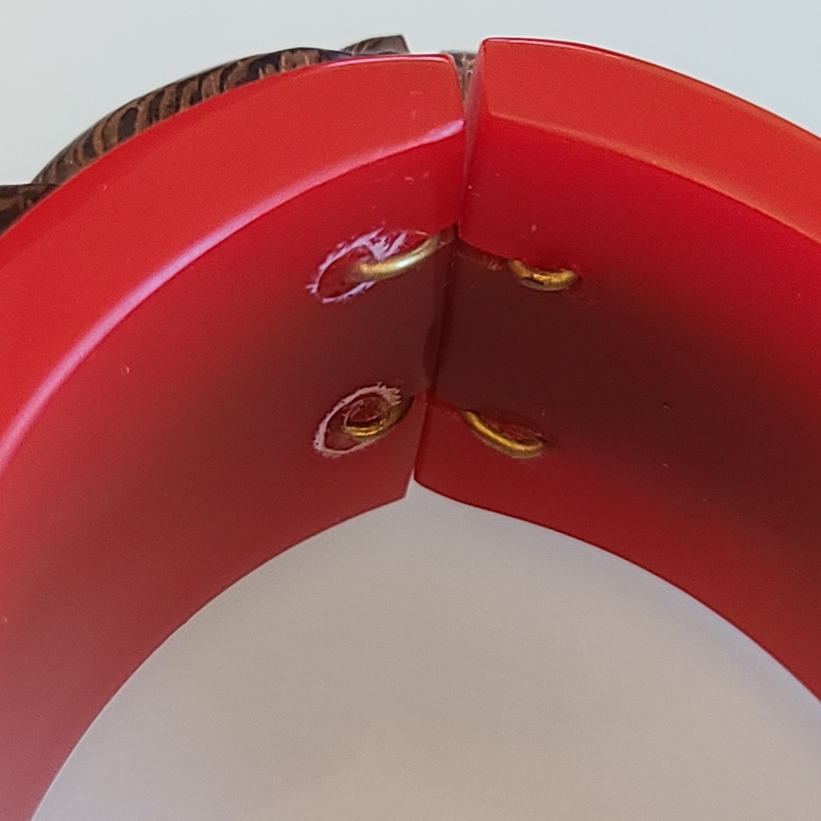 DANNIJO Vintage Carved Wood & Red Resin Hinged Bangle Bracelet Chunky Boho Cuff