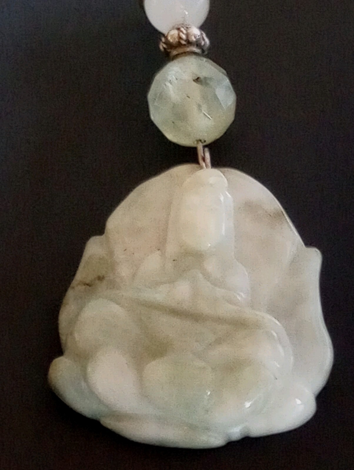 ESTATE HAND CUT JADE QUAN YIN ON A LOTUS W/ HEALING WATER PENDANT JEM STONES